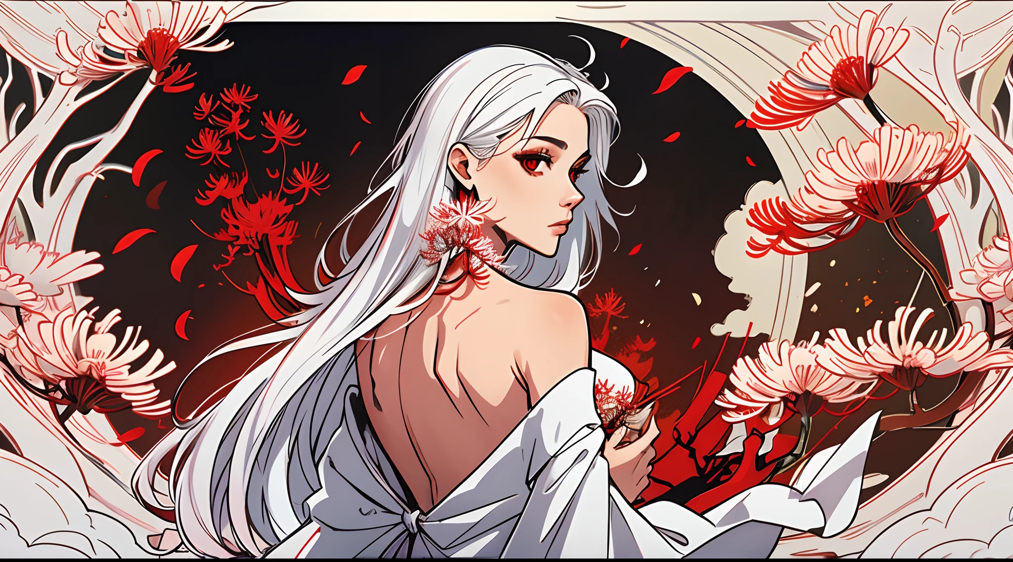 a beautiful lady, red eyes, straight hair, white hair, backless dress, from behind, looking at viewer, looking back, red spider lilies