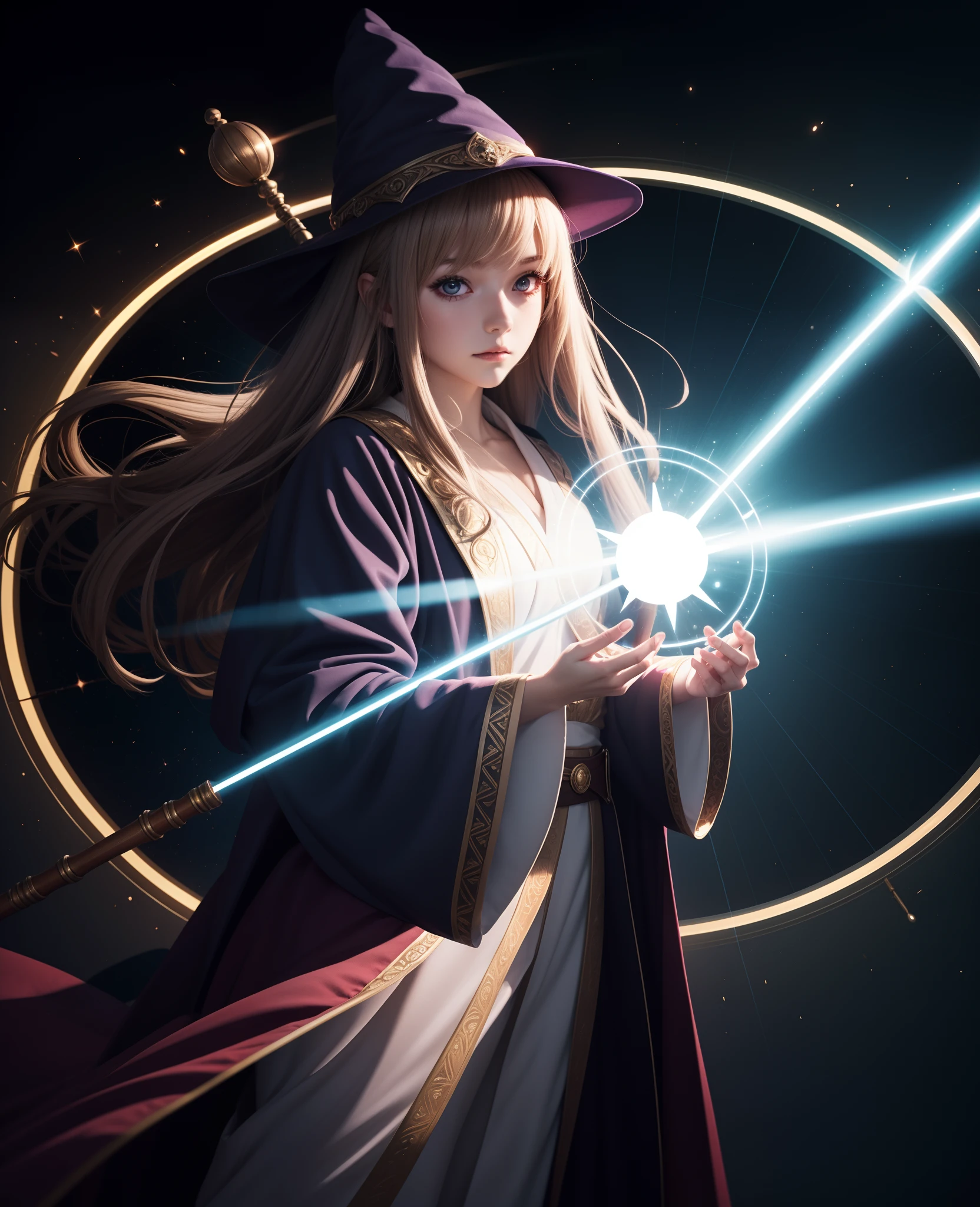 anime, 1girl, solo, wizard hat, robe, holding staff, on magic circle, light particles, glowing light