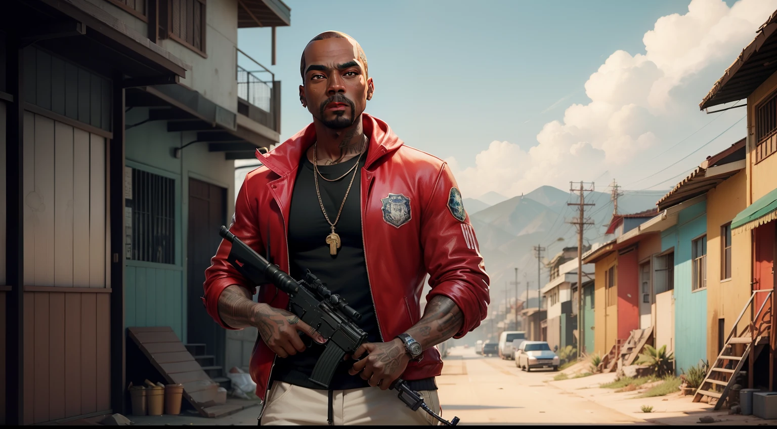 There's a man holding a gun on a wooden deck, gta personagem, Como o protagonista de GTA 5, GTA V Estilo, como um personagem de gtav, Kanye West em GTA v, drake em gta v, Estilo GTA5, gta v personagem, empunhando fuzil de assalto, Snoop Dogg em GTA V, gta 5 tom de pele, Jesse Pinkman em GTA v, jaqueta vermelha,AK-47 rifle, cenario de fundo uma favela estilo brasileira, e o personagem com calelo vermelho maio careca