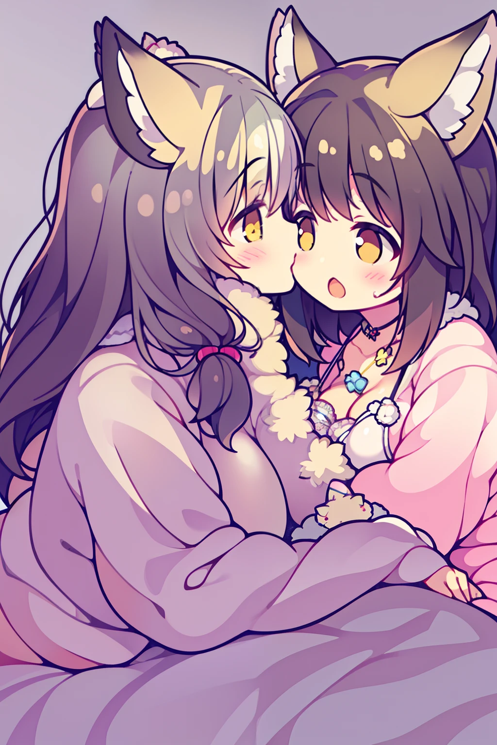 2girls,girl1:bbw、adolable,Black hair,Bob-cut hair,rcasual、Kisses and hugs、stare、lying on the bed、foxes、(French kiss)、body covered with fur,Nanachi、Girl 2:adolable,A pink-haired,Long grey hair,rcasual。Kisses and hugs、stare、NOWAI、foxes、lying on the bed、(French kiss)、body covered with fur,Nanachi