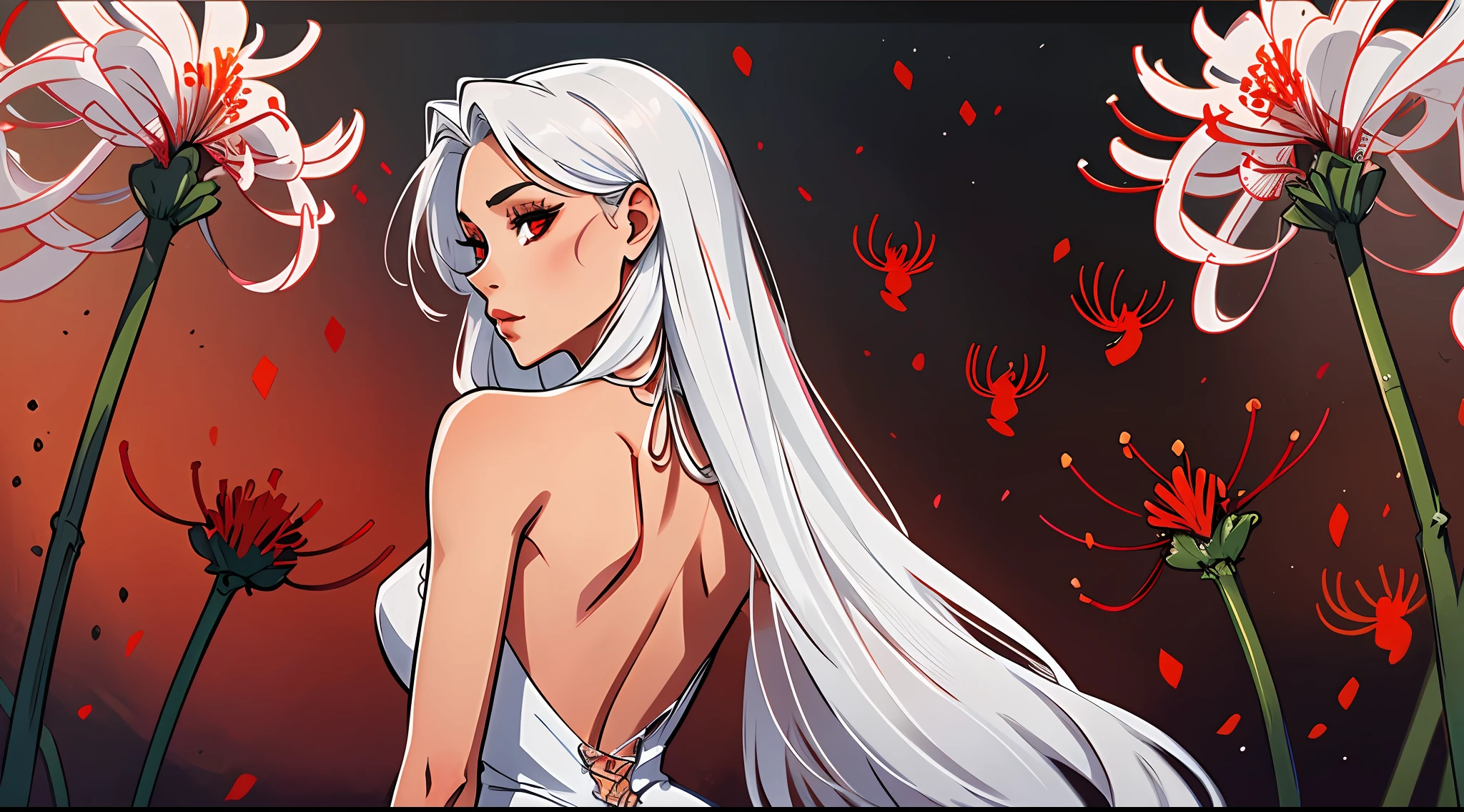 a beautiful lady, red eyes, straight hair, white hair, backless dress, from behind, looking at viewer, looking back, red spider lilies