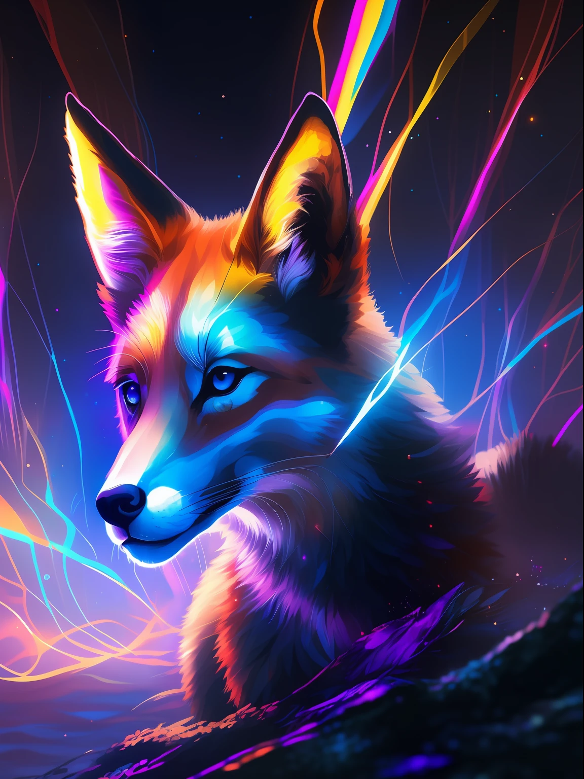 Raposa de cores vivas com olhos brilhantes e cauda brilhante, ethereal fox, raposa digital, arte de fantasia digital colorida, arte digital animal foto, Arte digital altamente detalhada em 4k, 8k arte impressionante, Arte bonita UHD 4K, 8k hd papel de parede arte digital, Arte digital detalhada em 4k, Arte Digital 4K, bela arte digital