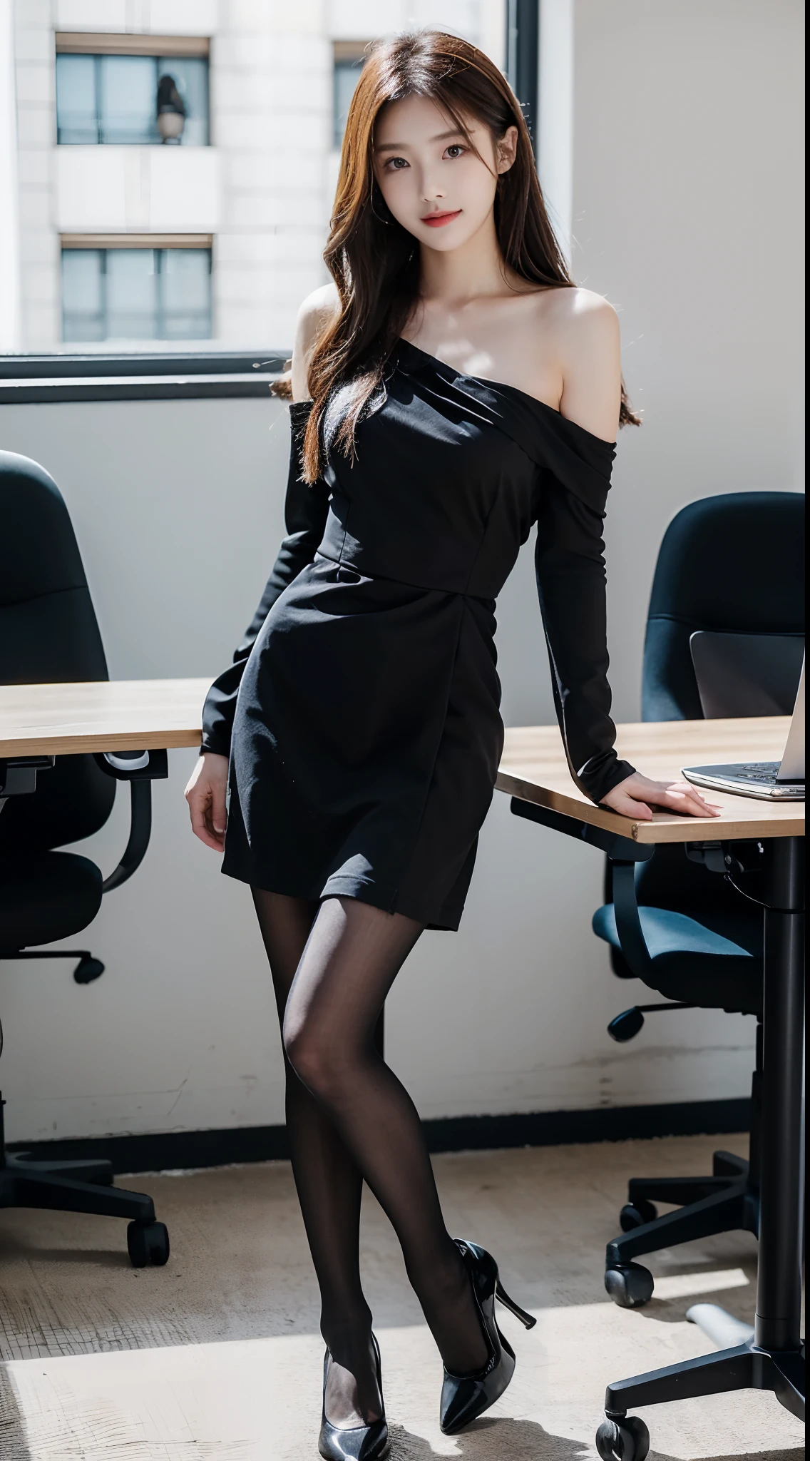 (8K,best qualtiy,tmasterpiece:1.2),(Photoreality:1.4),(RAW photos),Perfect details,1girl,Korean female model,solo,Melon seed face,Wavy curly hair,Pure desire,Raised sexy,secretary,Wear a sky-blue one-shoulder lace-wrapped hip dress,Wear black high heels,Wearing black 10d pantyhose,office room,meeting room,are standing,dignified,fully body photo