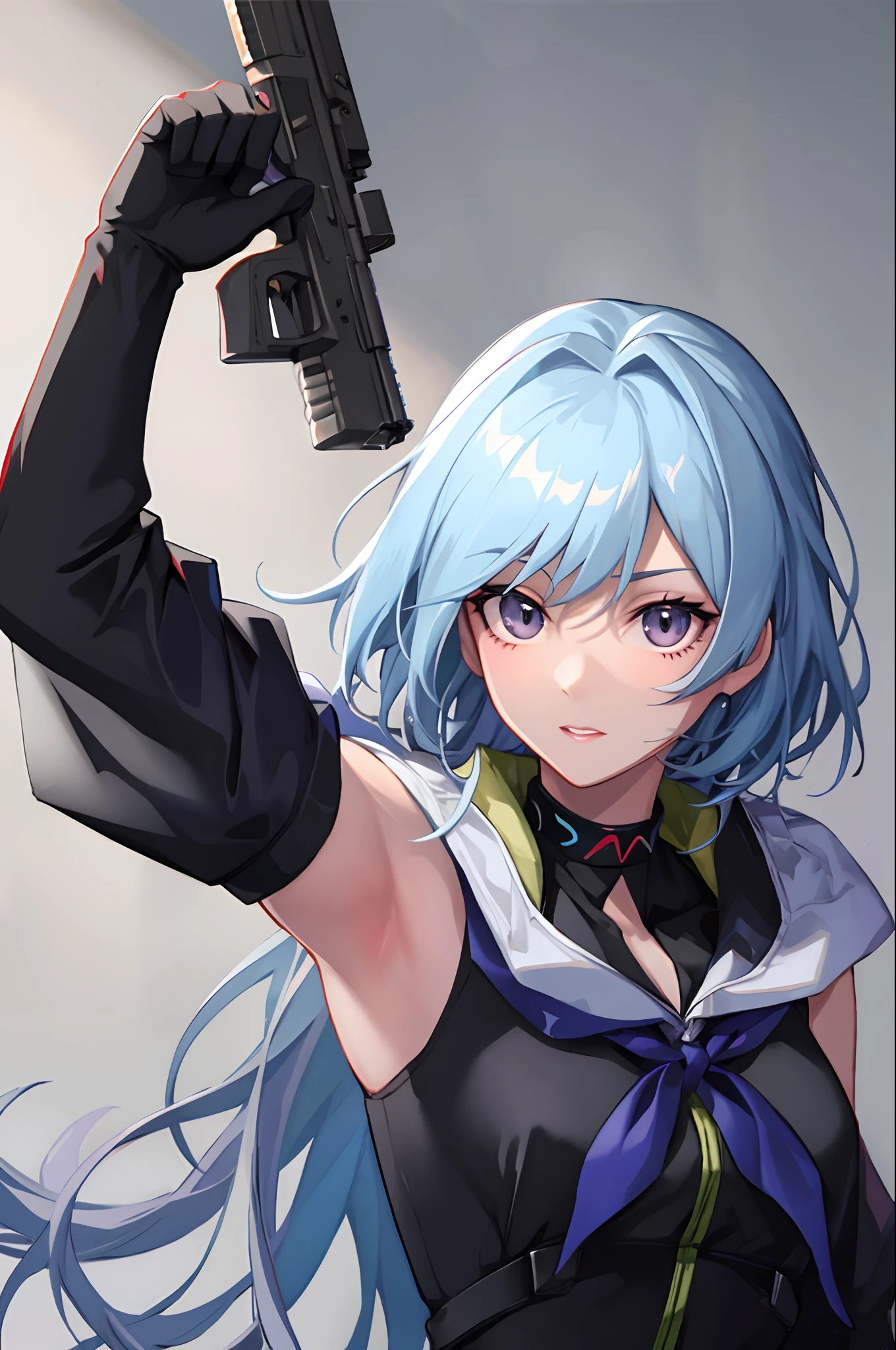 Estilo anime Personagem fe******  de cabelo curto,with robotic arm and a pistol in hand