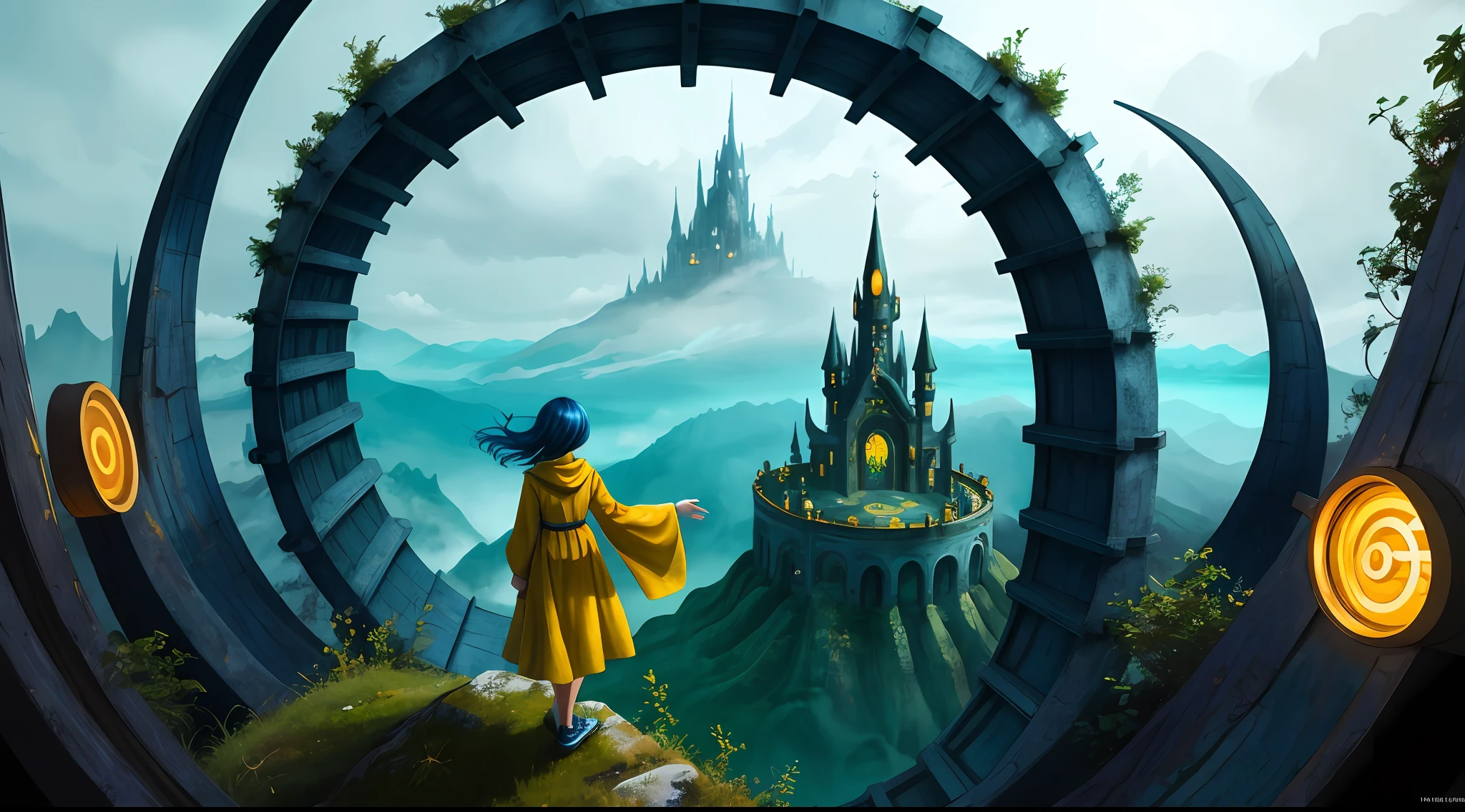 Best quality, green plain, standing girl, on a hilltop, spiral portal, blue color, with yellow coins, deep colors, fantasy, matte images, masterpiece.