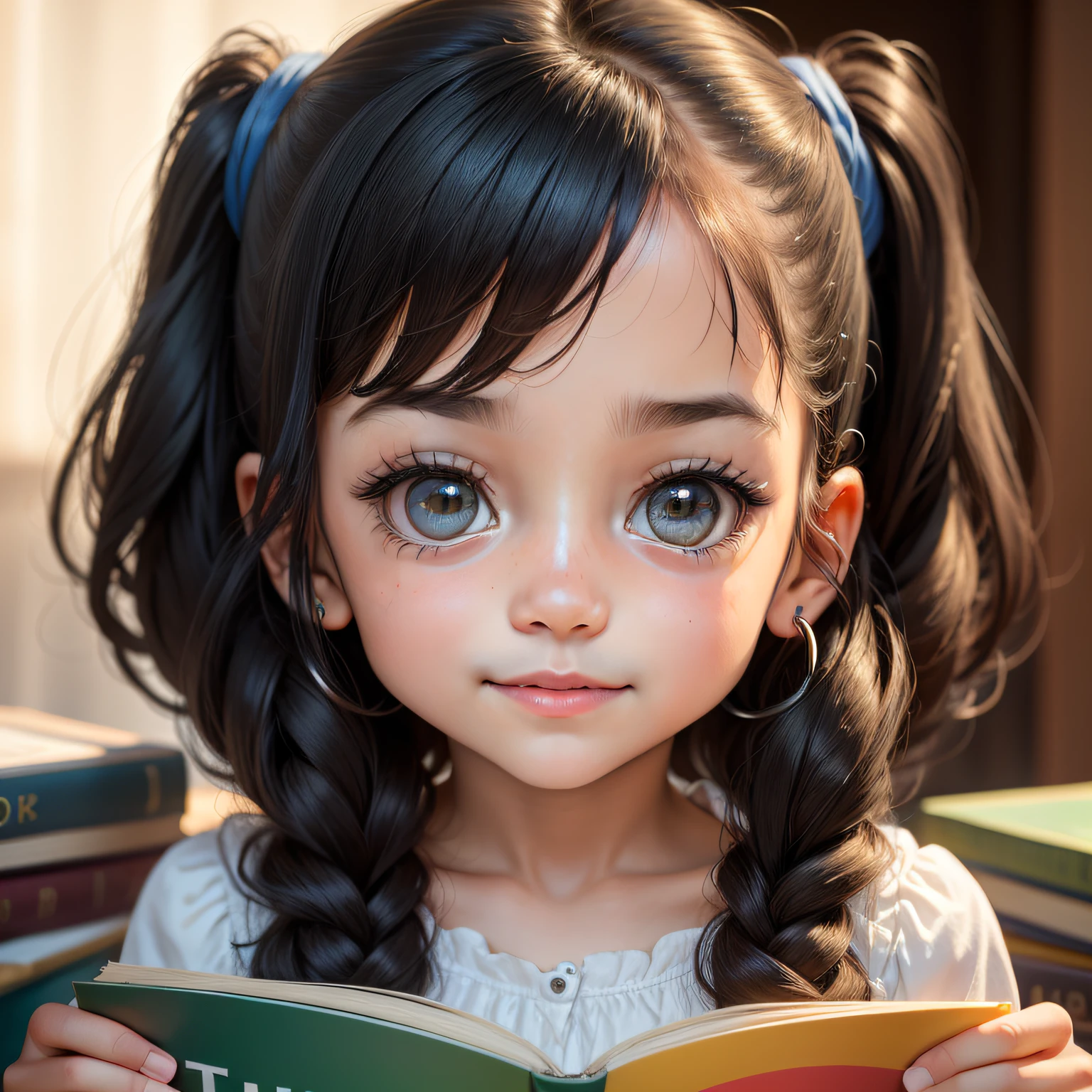 TINY little girl named Ana. She had black hair and curious eyes, and she was always surrounded by books and drawings. Ana was a bright girl, full of creativity and passion for learning. HAPPY EYES, FULL OF JOY, 0.8), (obra-prima: 1.2) (realista: 1.2) (Bokeh) (melhor qualidade) (pele detalhada: 1.3) (detalhes intrincados) (8k) (olhos de detalhe) (foco nítido), (Feliz)