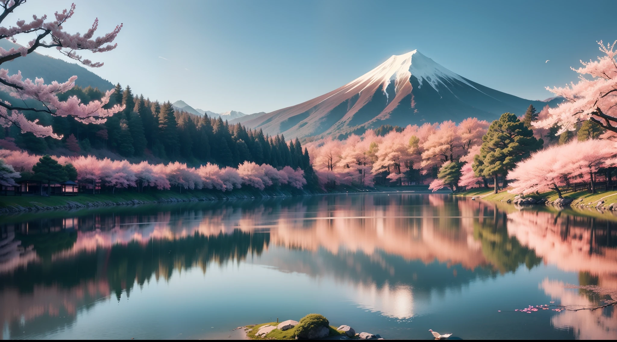 lago, Japan, zen, sakura tree, landscape