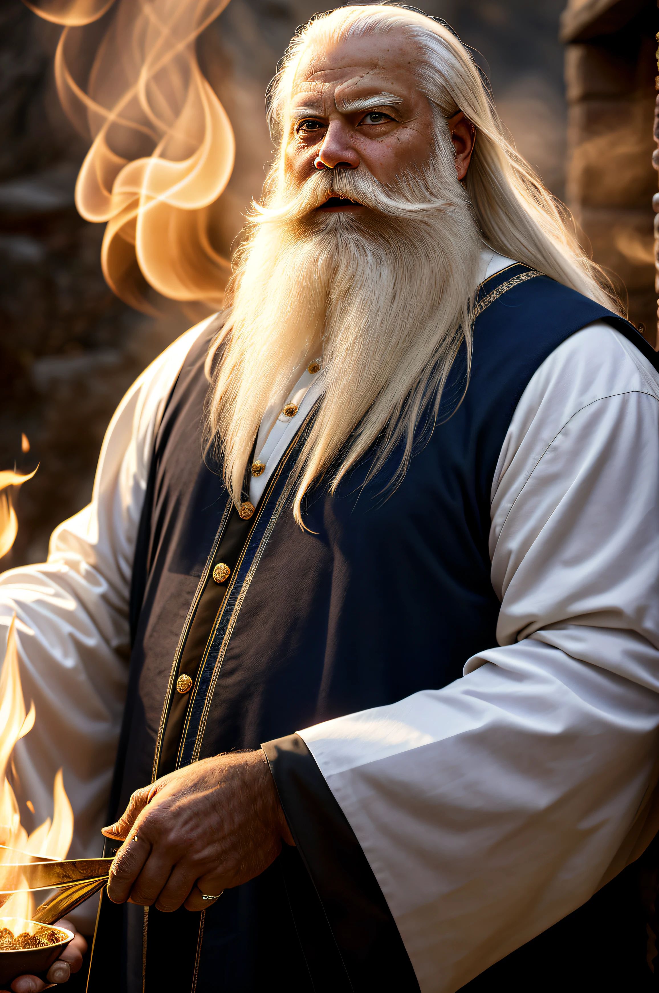 1 man,prophet, robe, old, long white beard, long white hair, wind, magic, fire, smoke, dust
(highest quality: 1.3), cinematic photo, masterpiece, (sharp focus: 1.5), (photorealistic: 1.3), detailed background, dark lighting, twilight lighting,
style, volumetric lighting, intricate details, UHD, film grains,