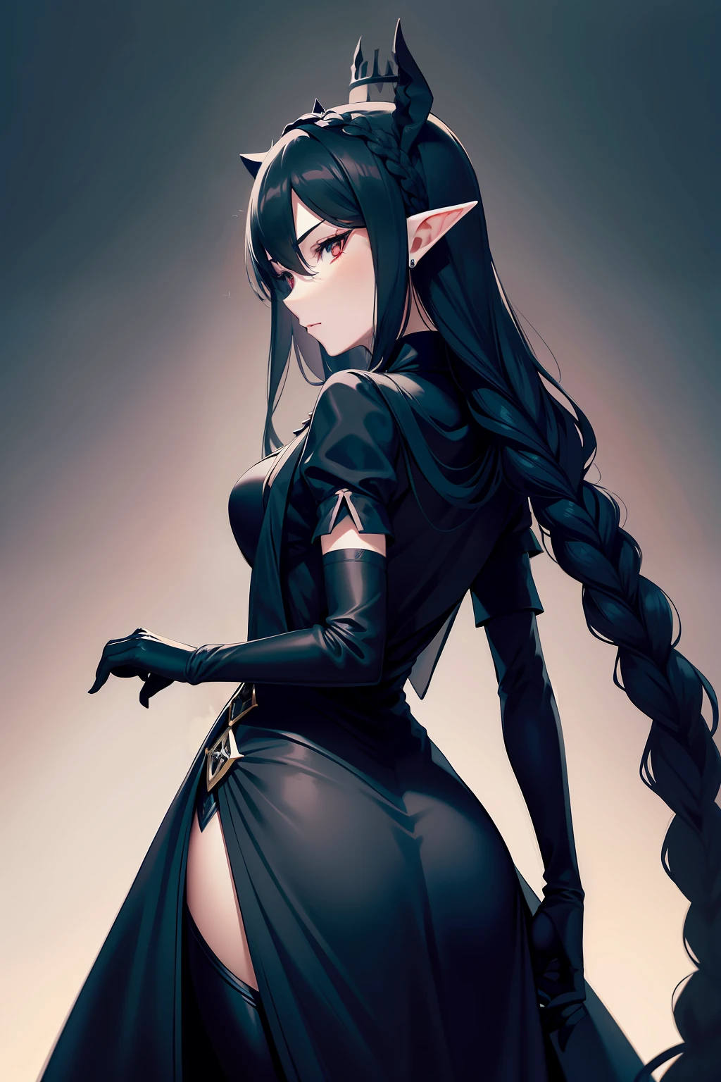Black Dragon Princess,Elf long ears,British dark blue long group,Silk white gloves,Slightly curved long black hair,Dress conservatively,Crown of black thorns,Twist braids,Mature and steady,Complicated clothes