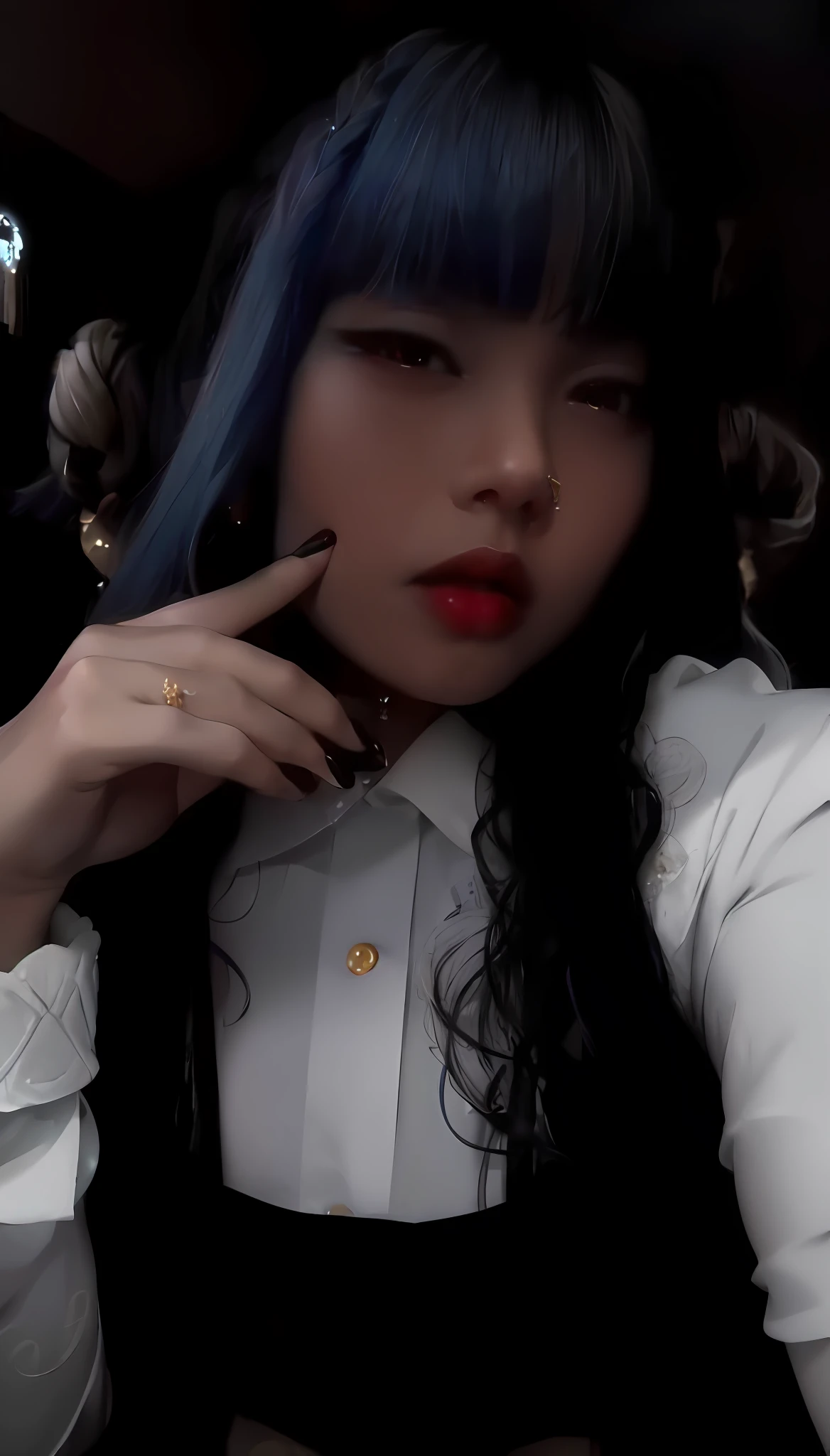 best quality, masterpiece,white hair, gold eyes,white clothes, looking up, upper body,hair strand,Fair skin,side braids