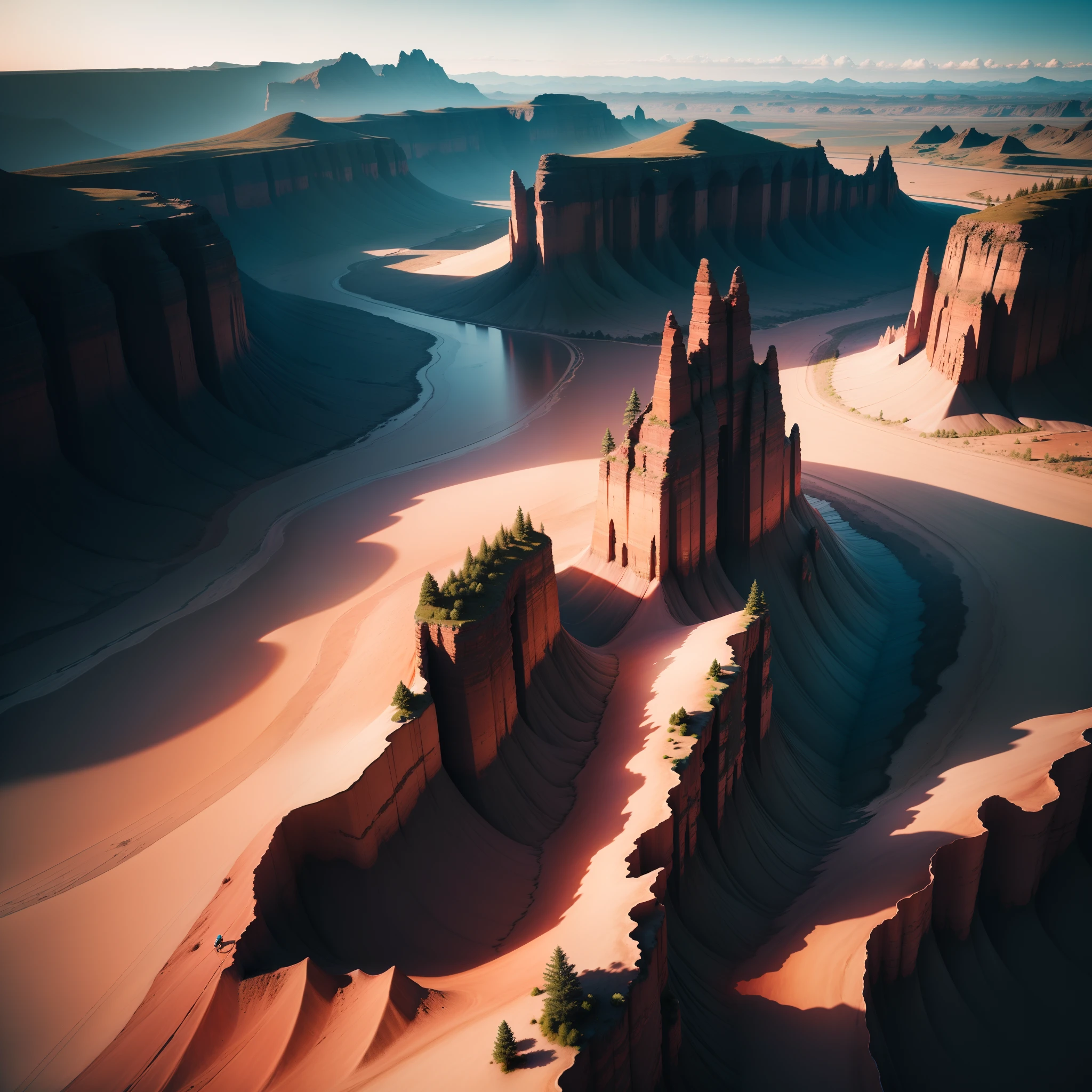 Drone hovering over a surreal landscape illuminated by the contrast of light and dark colors