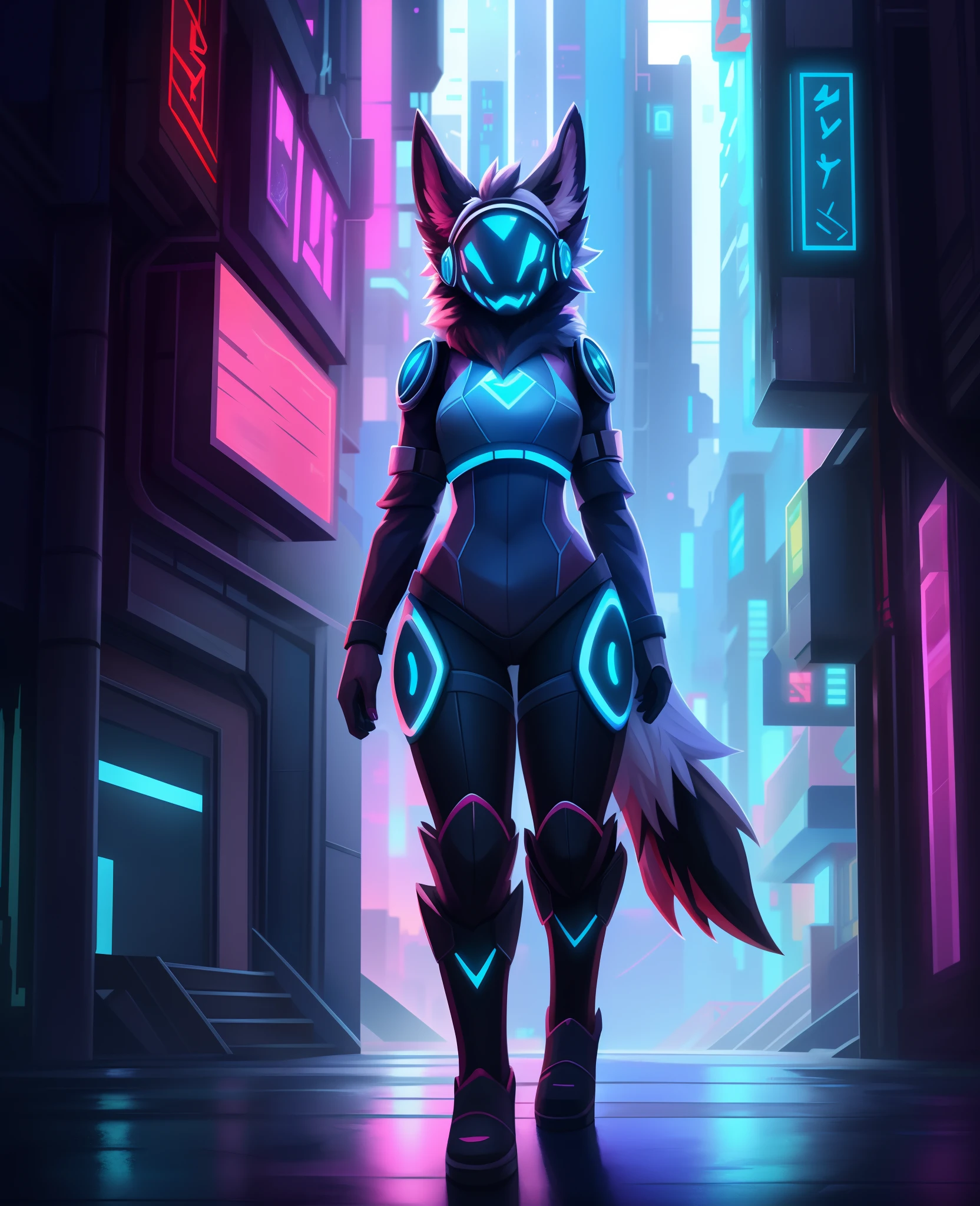 Stylized anime artwork, a female protogen furry, solo, skinny, digital painting, pallet knife, photoshop acrylic painting, anime studio, color graded, subsurface scattering, HDR, cinematic lighting, masterpiece, best quality, detailed, absurd res, bloom, (cyberpunk city)