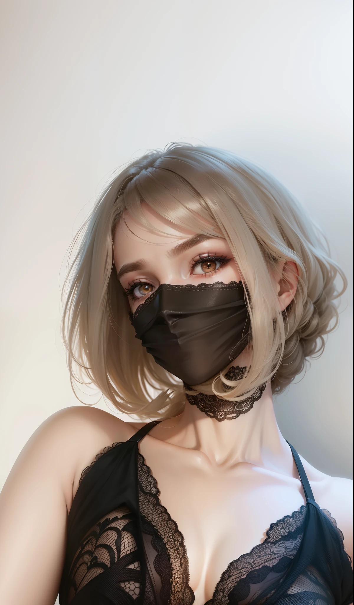 Lots of detail,Super perfect,Professional lighting,white backgrounid,The skin texture is visible,Bright eyes,Super real,Lace mask,Lace clothes,Bigchest,White skin and beautiful appearance,Perfect hair details,8K high-definition,Photo-real,Hair is longer,hyper HD,Bright brown pupils,Background shadow details,no headwear,Sexy collarbone detailing,Super flawless