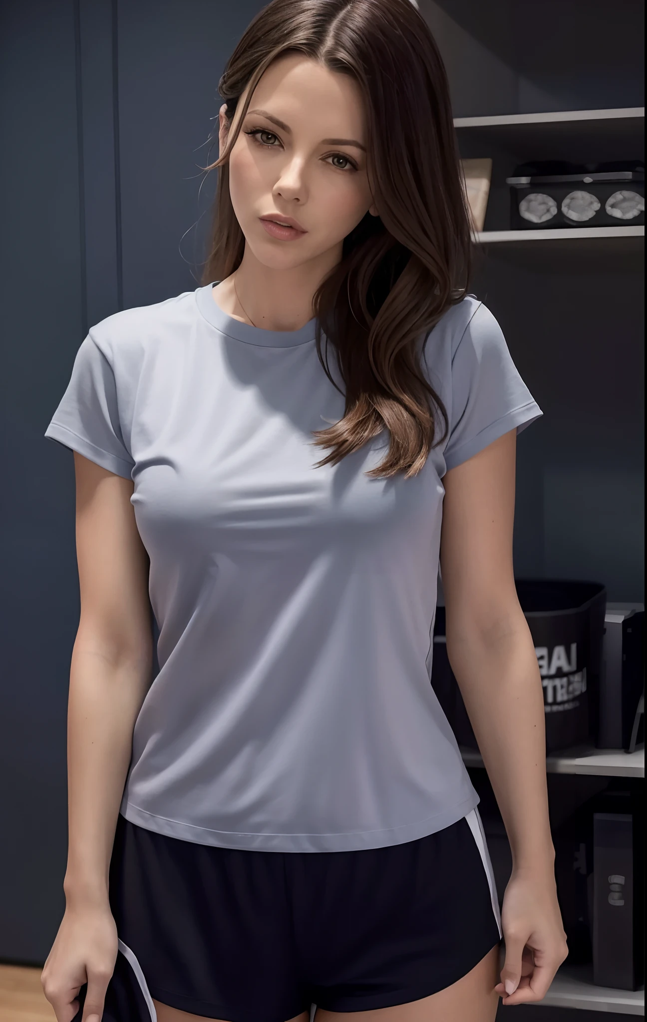 highest quality, masterpiece, 8k, ultra high resolution, (realistic: 1.4), 1 girl, beautiful face, symmetrical eyes, big, perfect body proportions, ((long hair))、(blonde), physical education teacher, Jersey up and down、the gaze of the beholder, (Inside the gymnasium: 1.2), Front view, Absolute area (1.3),smile、cowboy shot