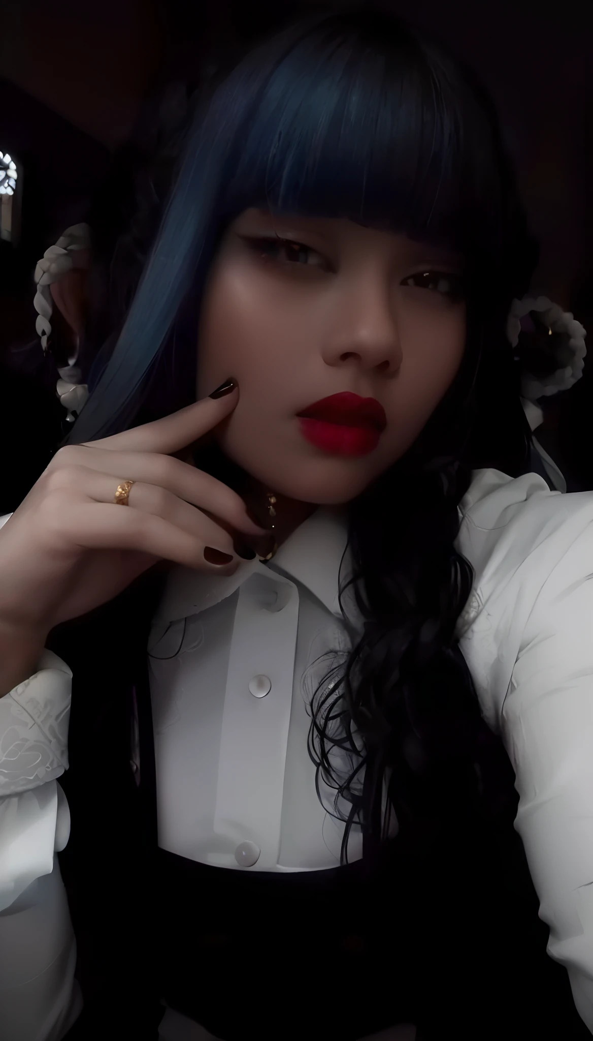 best quality, masterpiece,white hair, gold eyes,white clothes, looking up, upper body,hair strand,Fair skin,side braids