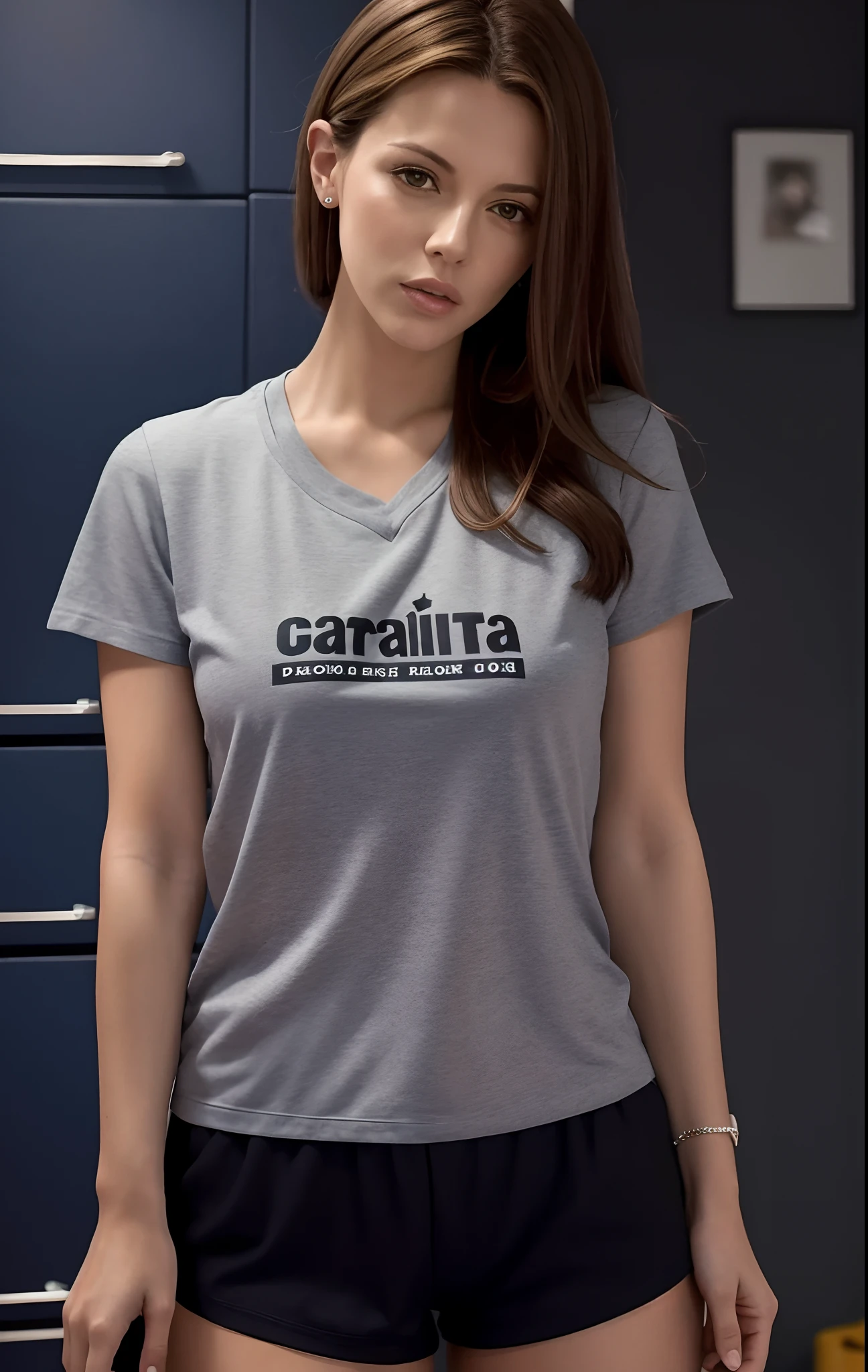 Beautiful woman in gray shirt and black shorts standing in front of the cabinets, Camiseta azul apertada, vestindo camisa apertada, camisa apertada, Devon Cady-Lee, em camiseta, vestindo uma camiseta, her wardrobe is attractive, in the high school gym, vestindo uma camisa, Camiseta!!, vestindo camisa, Kate Beckinsale