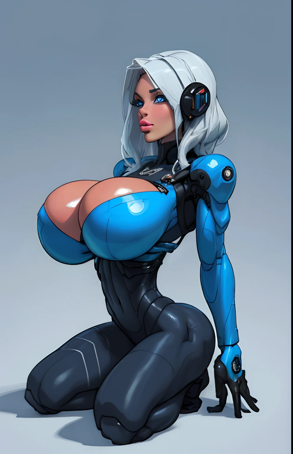 complex 3d render ultra detailed of a beautiful porcelain profile woman android face, cyborg, robotic parts, 150 mm, beautiful studio soft light, rim light, ((gigantic breasts:1.5)) vibrant details, luxurious cyberpunk, lace, ((glowing blue eyes:1.7)), hyperrealistic, anatomical, facial muscles, cable electric wires, microchip, elegant, beautiful background, octane render, H. R. Giger style, 8k, best quality, masterpiece, illustration, an extremely delicate and beautiful, extremely detailed ,CG ,unity ,wallpaper, (realistic, photo-realistic:1.37),Amazing, finely detail, masterpiece,best quality,official art, extremely detailed CG unity 8k wallpaper, absurdres, incredibly absurdres,  robot, silver halmet, full body