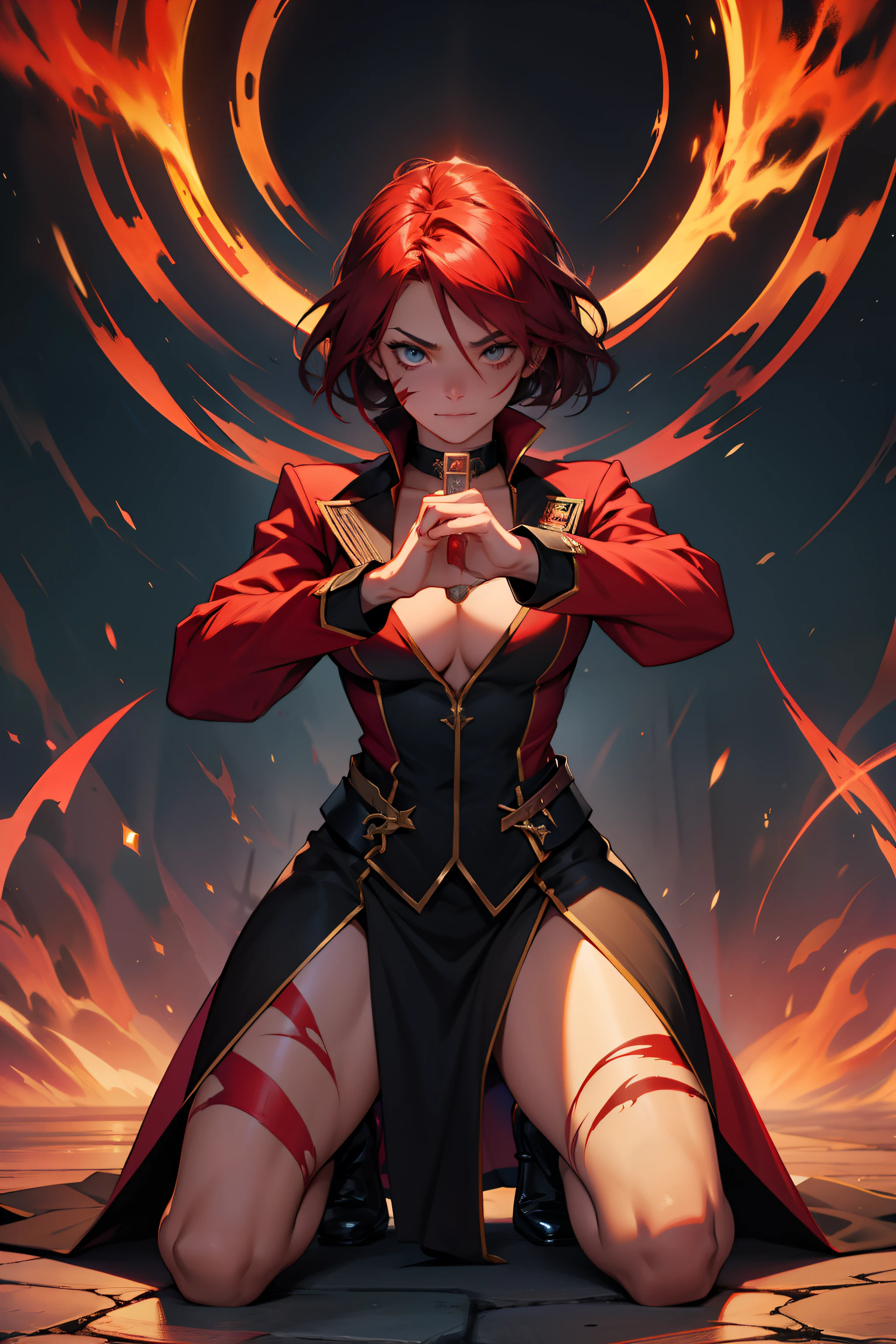 Female magician，Reach out and touch me，the scars，kneeling up pose，Red face，Overlooking