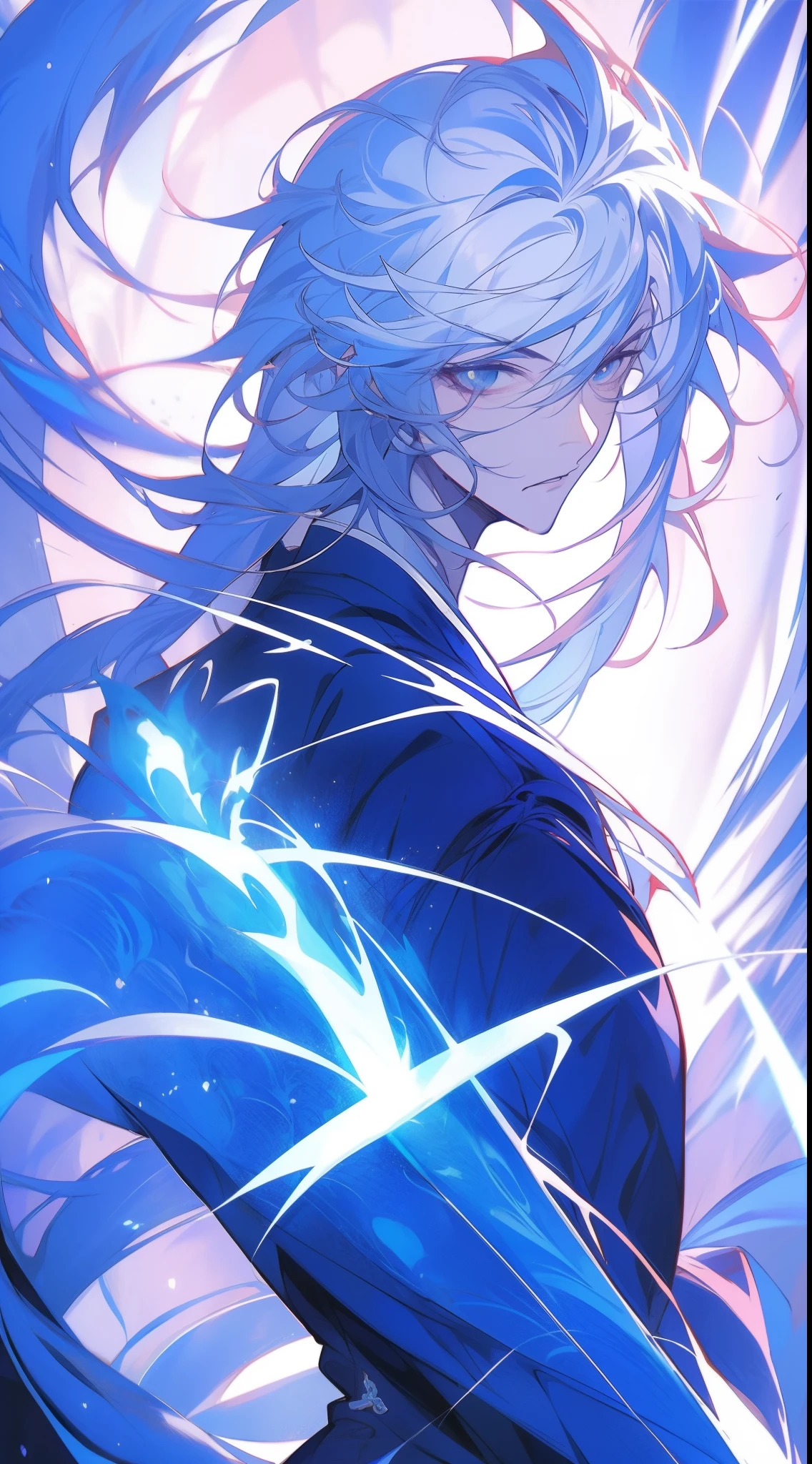 Close-up of a man,with a determined look in his eyes,Handsome figure painting,It has a masculine taste,Man Guwitz,Guviz-style artwork,White-haired god,Yang J,Guvitz at the Pixiv Art Station。Anime characters armed with swords and blue light, Keqing from Genshin Impact, Detailed key anime art, handsome guy in demon killer art, Genshin impact's character, Detailed digital anime art, Genshin, Key anime art, detailed anime character art, Badass anime 8 K, nagito komaeda, Anime epic artwork, Anime fantasy illustration