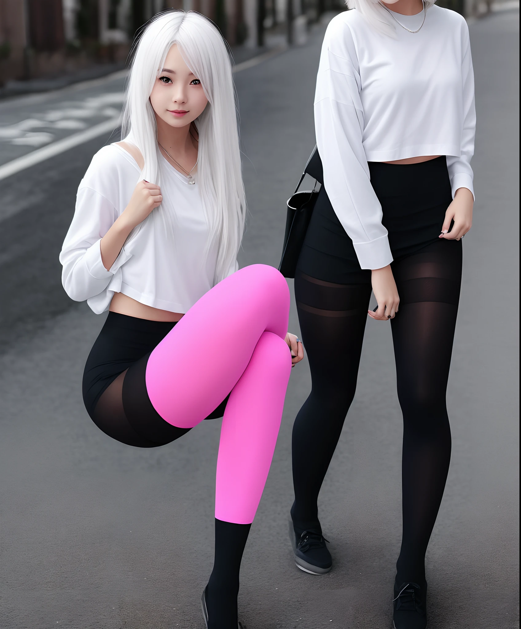 White-haired girl tights pink no top