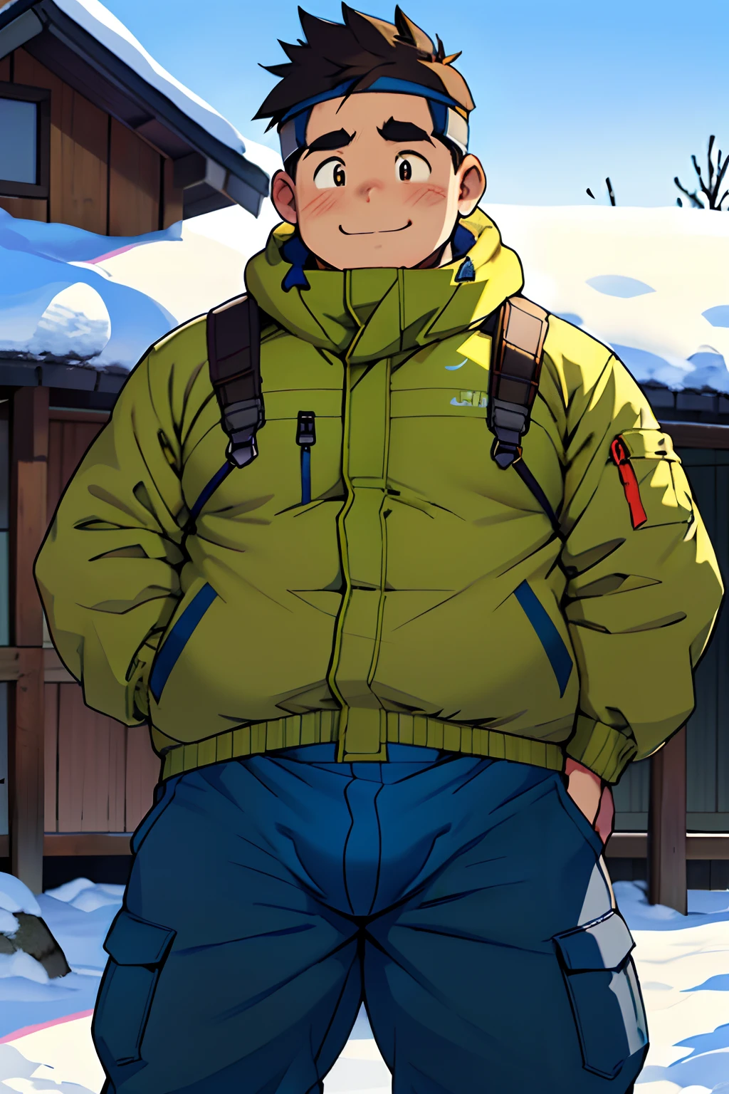 Draw a chubby cute boy,Stand in front of a hut in the snow。Goggles are worn on the forehead,crotch bulge,Chubby 18 year old boy,The crotch protrudes,pupils,prominent pubis,Shy,The crotch protrudes,prominent pubis,The crotch is raised,Tong