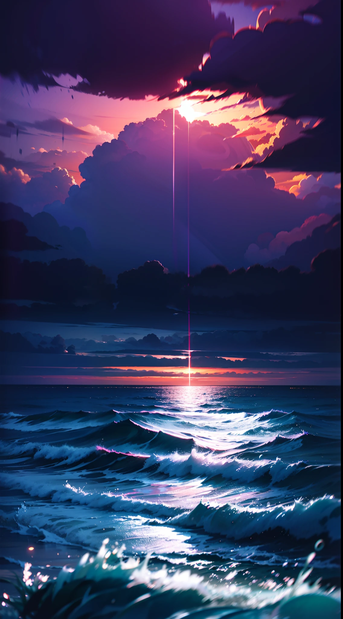 lua roxa, purple sky, nuvens escuro, ondas em um mar calmo , cintilante, Oceano roxo, fantasia, soft lighting, Ultra HD |, realismo, Cinematic effects, Reflexo da lente