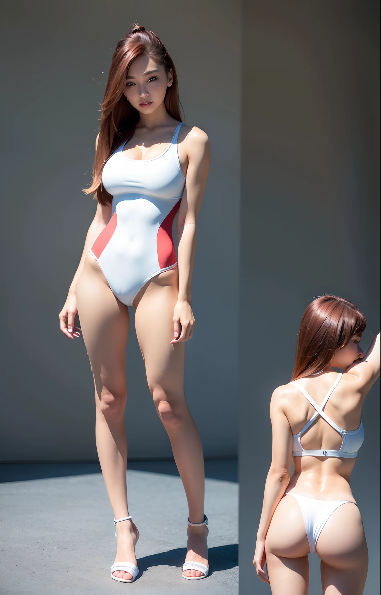 Best quality, 超高分辨率,ultral detailed face and eyes, (Photorealistic:1.4), 1girll, girl,Teen Sports bra, From behind,(tightsuit:1.3),((Denim shorts)), (pale brown:Red:whaite hair:1.4), view the viewer, Smiling, Cute, Huge ass, (Ray tracing:1.4),(Long legs:1.4),big breast,Narrow waist,