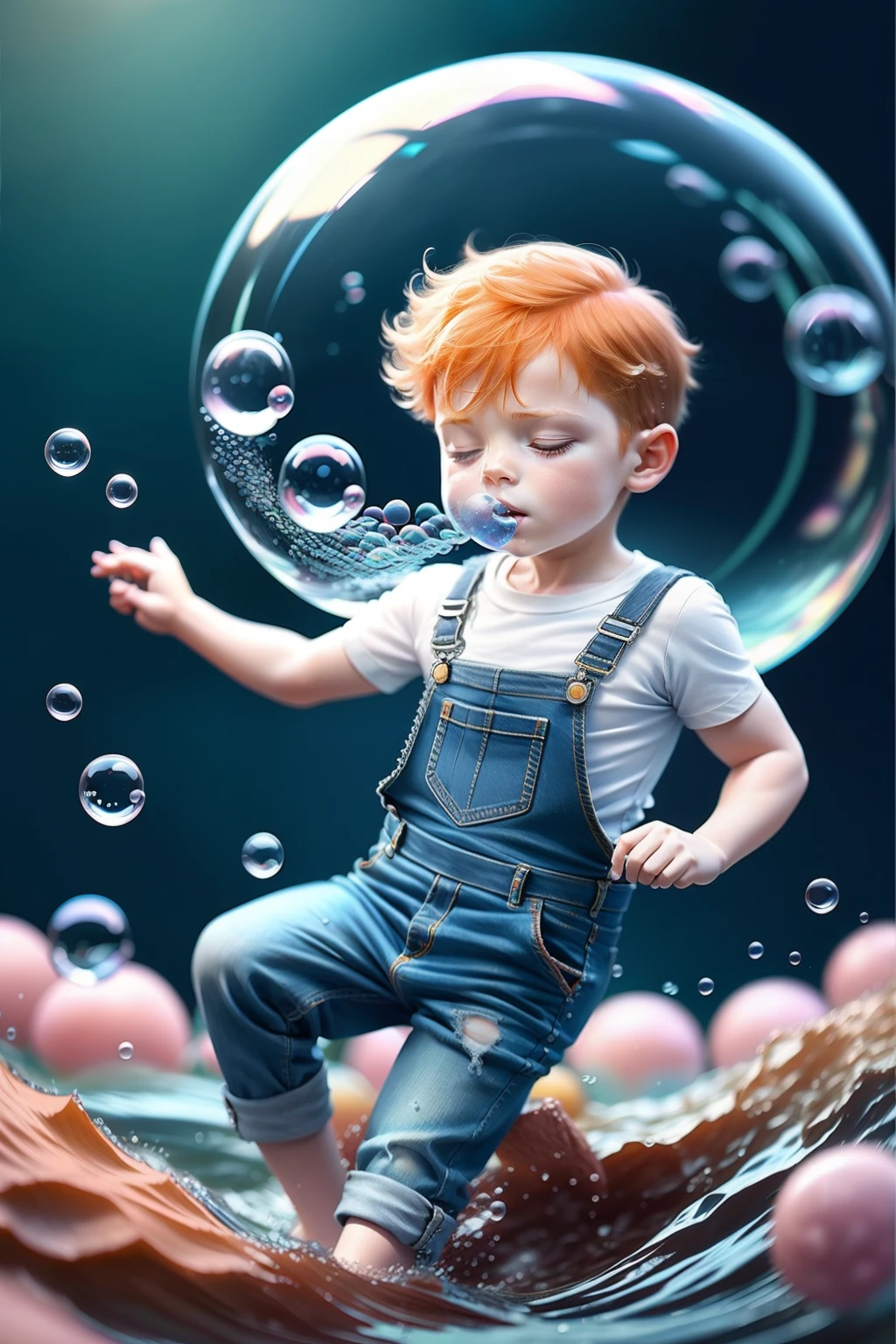 a  with ginger hair wearing denim overalls chasing bubbles. clean pastel painting, beautiful detailed face, lots of bubbles, photorealistic,bubblerealm