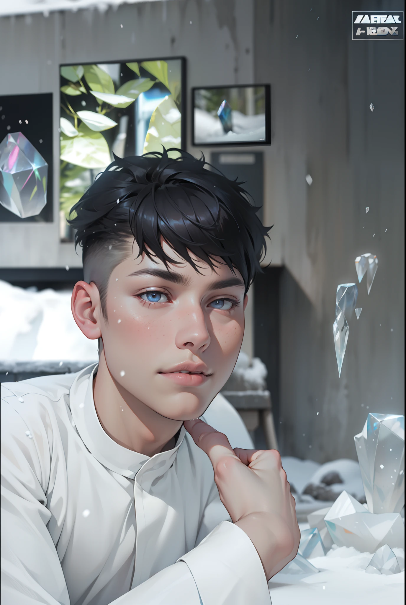 1boys，Young men，Male，superdetailed，Wallpapers，Hi-Def，optimal quality，（Ice and snow），Photorealistic photorealism，light particules，volumettic light，Photorealistic rendering，crystal shards，Ice and snow，Hair made of crystals，Land of gems，Transparent hair，White tulle，Gauze clothes，Flowing clothes