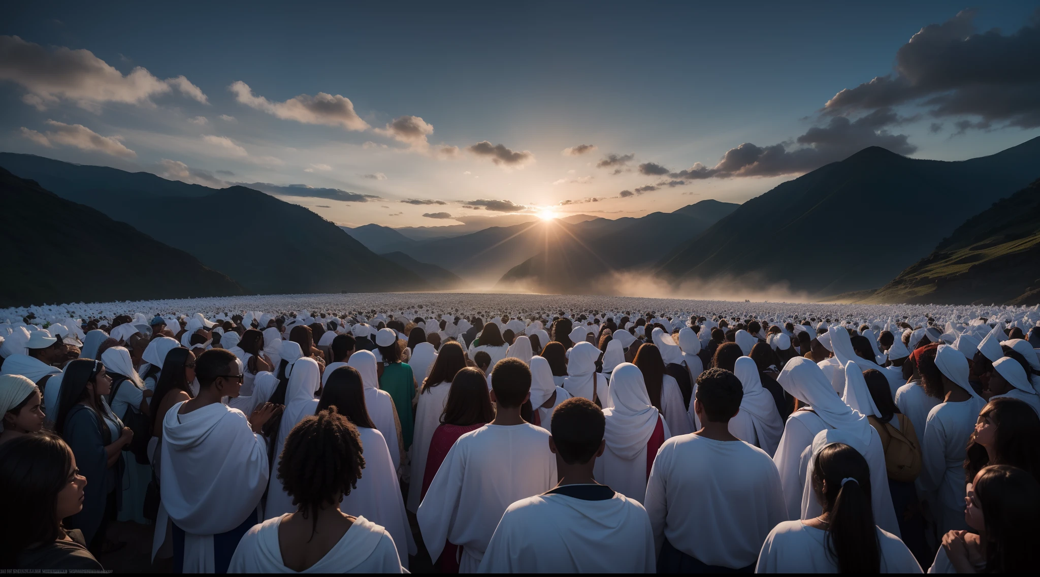 imagem arafed de um grande grupo de pessoas em vestes brancas, vestidos com vestes brancas, flowing white robes, vestindo vestes brancas, Foto vencedora do concurso Unsplash, crowds of people praying, bloqueando o sol, ao nascer do sol, Directed by: Etienne Delessert, durante o nascer do sol, Directed by: Ibrahim Mott, vestes brancas, Directed by: Matthias Weischer, Directed by: Tobias Stimmer, vestindo vestes brancas!