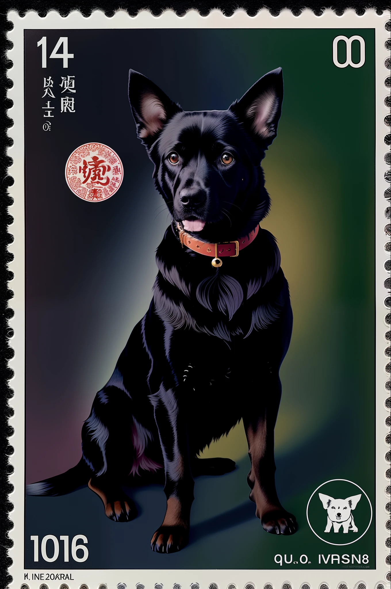 A Vietnamese stamp depicts a dog, Psychedelic surrealist style, Qing dynasty, photo taken with ektachrome, Indigo and green, Japanese folk art, Bamileek Art, Otherworldly creatures