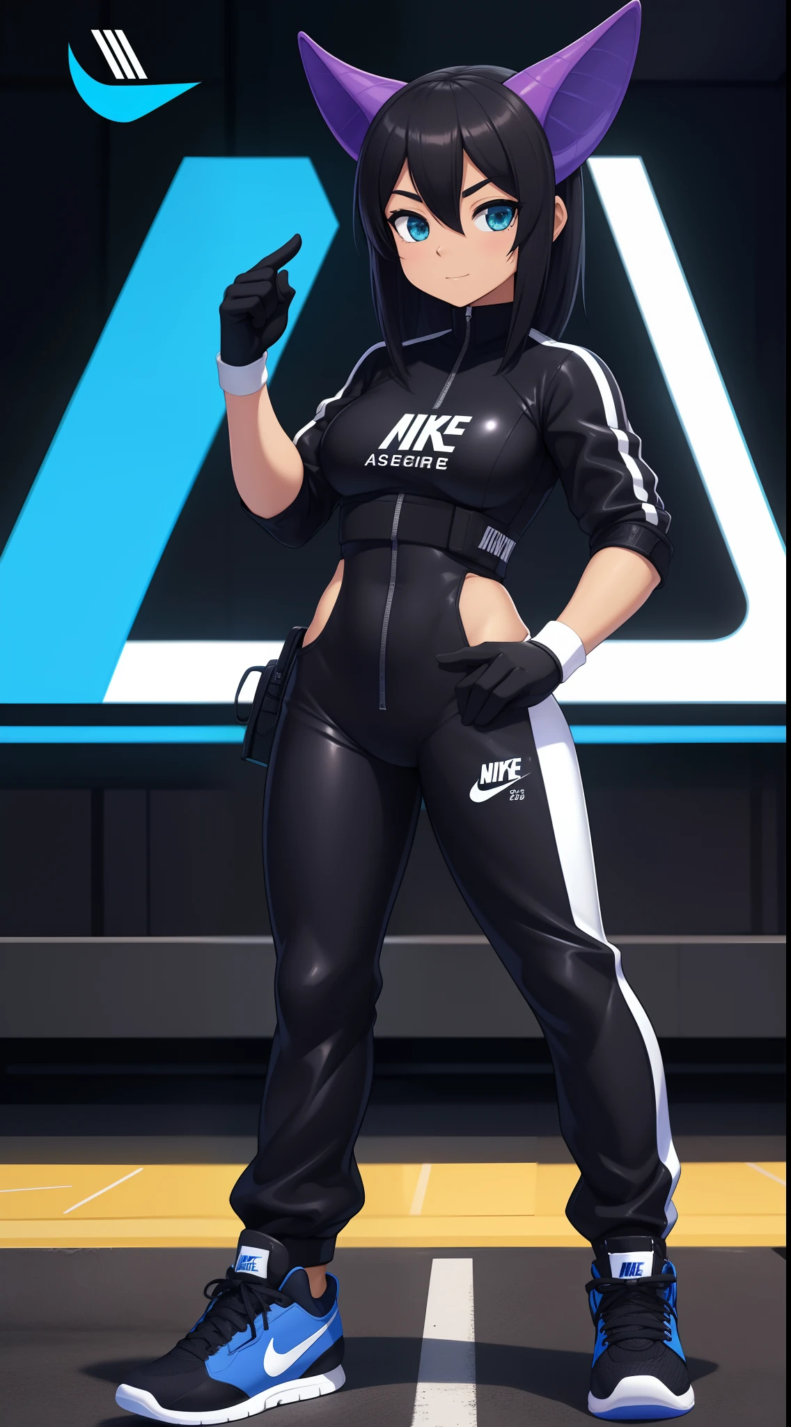 4k, realista, Charismatic, muito detalhe, There's a girl in heaven, vestindo dino costum, she's dino girl, asas, tema preto, cabelo preto, 25 anos, corpo inteiro,Techwear,Nike