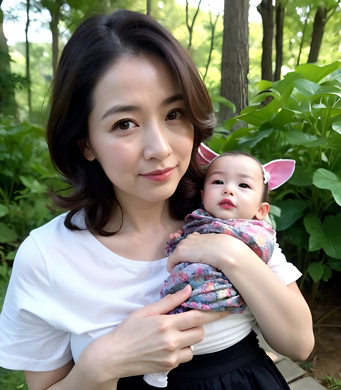 ((top-quality、8K、tmasterpiece:1.3))、Photorealsitic, foco nítido, high-level image quality, A high resolution, Portrait, Solo, jpn, Middle-aged woman, Beautuful Women, age 55, slenderness, Wavy hair, Sleeveless, Wrinkles at the corners of the eyes, The expression is sad,Fluttering skirt,in woods,holding baby,2 years old,