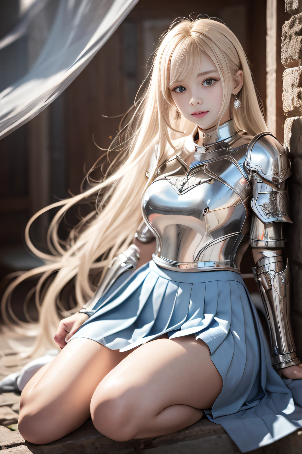 bright expression、poneyTail、Young shiny shiny white shiny skin、Best Looks、Blonde reflected light、Platinum blonde hair with dazzling highlights、shiny light hair,、Super long silky straight hair、Beautiful bangs that shine、Glowing crystal clear attractive big blue eyes、Very beautiful nice cute girl、Lush bust,Beautiful detailed eyes, beautiful detailed nose,(( Full body:1.25)),Makeup that the eyes emphasize、((Pleated skirt with many folds)),(Women like Joan of Arc)、s Armor、Knights, With a sword and shield,Royal style,Comic style, , Sub-surface scattering, ornate detail, nature backdrop, Hyper-realistic, Cinematic, Dramatic Lighting, masutepiece