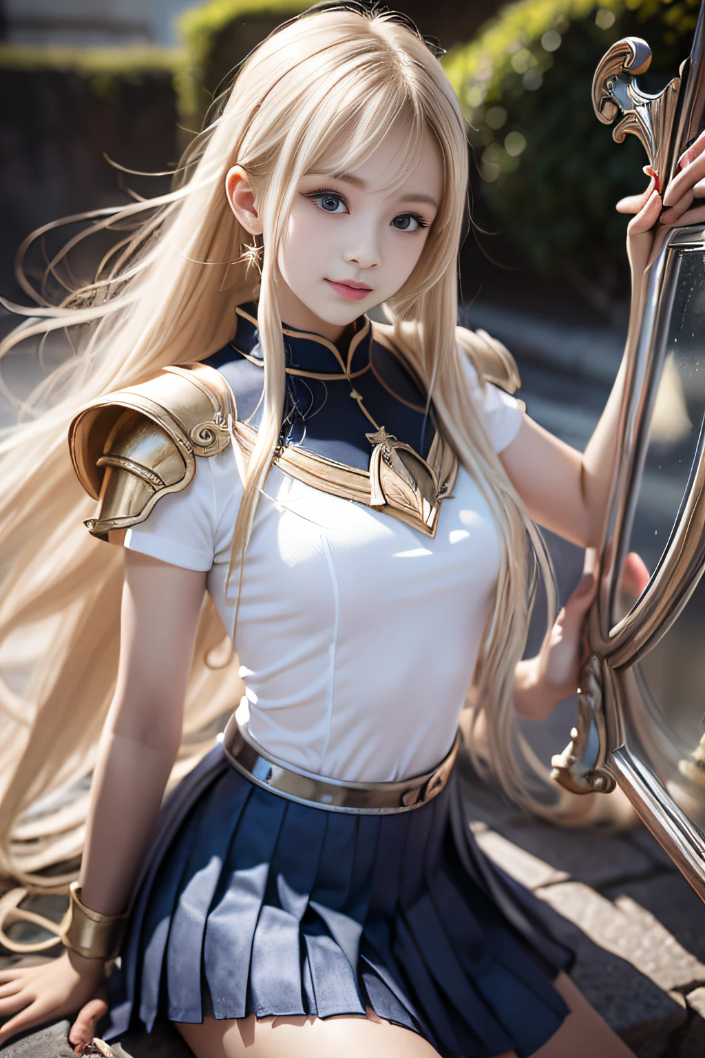 bright expression、poneyTail、Young shiny shiny white shiny skin、Best Looks、Blonde reflected light、Platinum blonde hair with dazzling highlights、shiny light hair,、Super long silky straight hair、Beautiful bangs that shine、Glowing crystal clear attractive big blue eyes、Very beautiful nice cute 16 year old girl、Lush bust,Beautiful detailed eyes, beautiful detailed nose,(( Full body:1.25)),Makeup that the eyes emphasize、((Pleated skirt with many folds)),(Women like Joan of Arc)、s Armor、Knights, With a sword and shield，Royal style，Comic style, , Sub-surface scattering, ornate detail, nature backdrop, Hyper-realistic, Cinematic, Dramatic Lighting, masutepiece