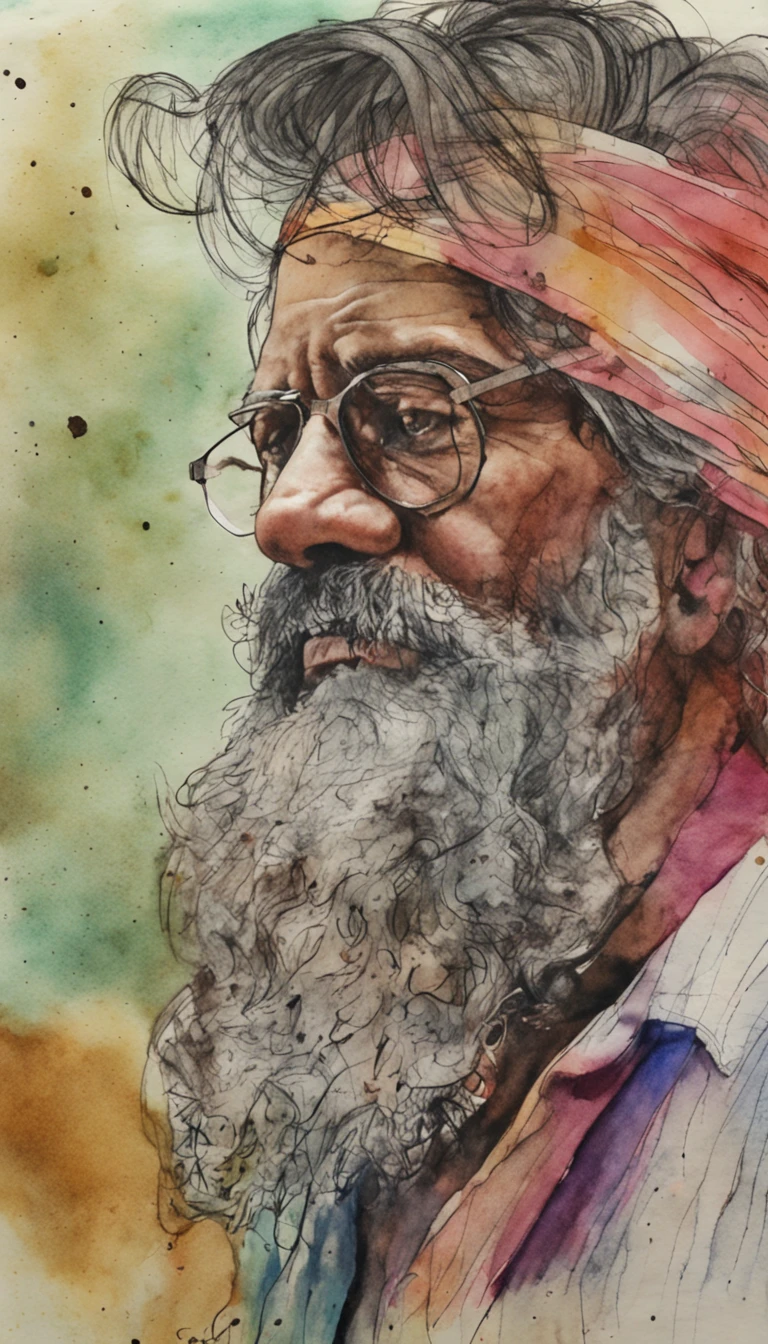 painting of a man with a beard and a colorful face, intense watercolor, watercolor masterpiece, side centered painted portrait, watercolor detailed art, masterful detailed watercolor, stunning portrait, old man, inspired by Kim Hong-do, serene expression, inspired by Bapu, abstract portrait, side profile painted portrait, watercolour painting, realistic watercolour, inspired by Hu Zao, watercolour realism