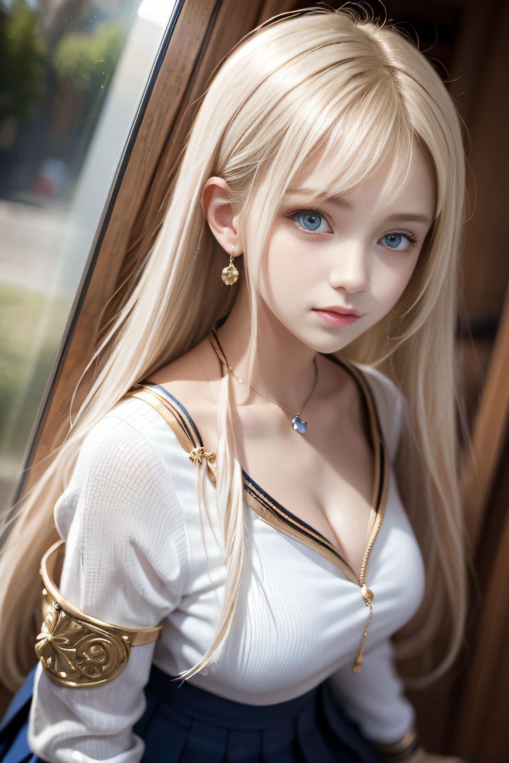 bright expression、poneyTail、Young shiny shiny white shiny skin、Best Looks、Blonde reflected light、Platinum blonde hair with dazzling highlights、shiny light hair,、Super long silky straight hair、Beautiful bangs that shine、Glowing crystal clear attractive big blue eyes、Very beautiful nice cute girl、Lush bust,Beautiful detailed eyes, beautiful detailed nose,(( Full body:1.25)),Makeup that the eyes emphasize、((Pleated skirt with many folds)),(Women like Joan of Arc)、s Armor、Knights, With a sword and shield,Royal style,Comic style, , Sub-surface scattering, ornate detail, nature backdrop, Hyper-realistic, Cinematic, Dramatic Lighting, masutepiece