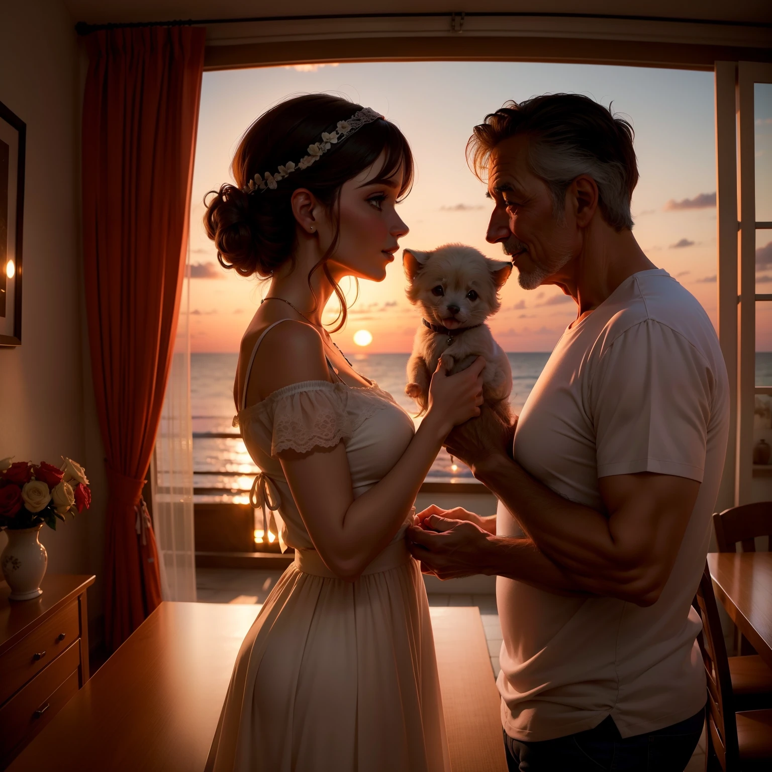 casal apaixonado, de aproximadamente 40 anos, in a romantic and bright environment, with a soft and warm sunset.