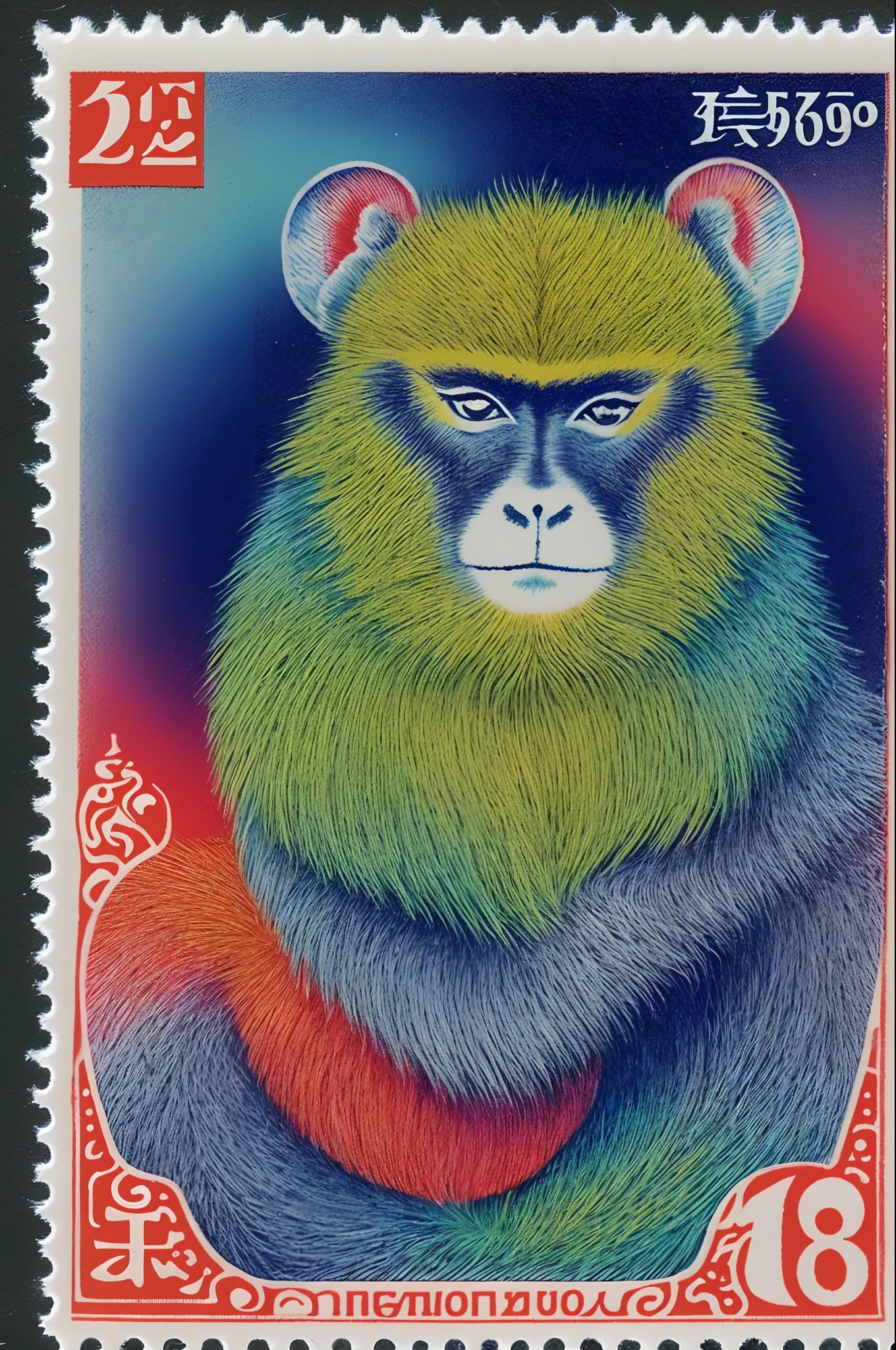 A Vietnamese stamp depicts a monkey, Psychedelic surrealist style, Qing dynasty, photo taken with ektachrome, Indigo and green, Japanese folk art, Bamileek Art, Otherworldly creatures