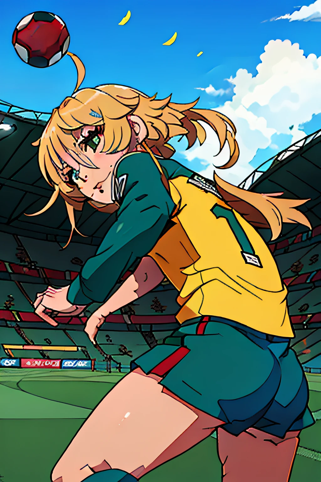 tanya , 1 girl, Perfect Anatomy, in a soccer stadium, In the uniform of Fluminense do rio de Janeiro, in a soccer field, playing soccer, soccer uniform, Fluminense shirt soccer uniform, soccer,