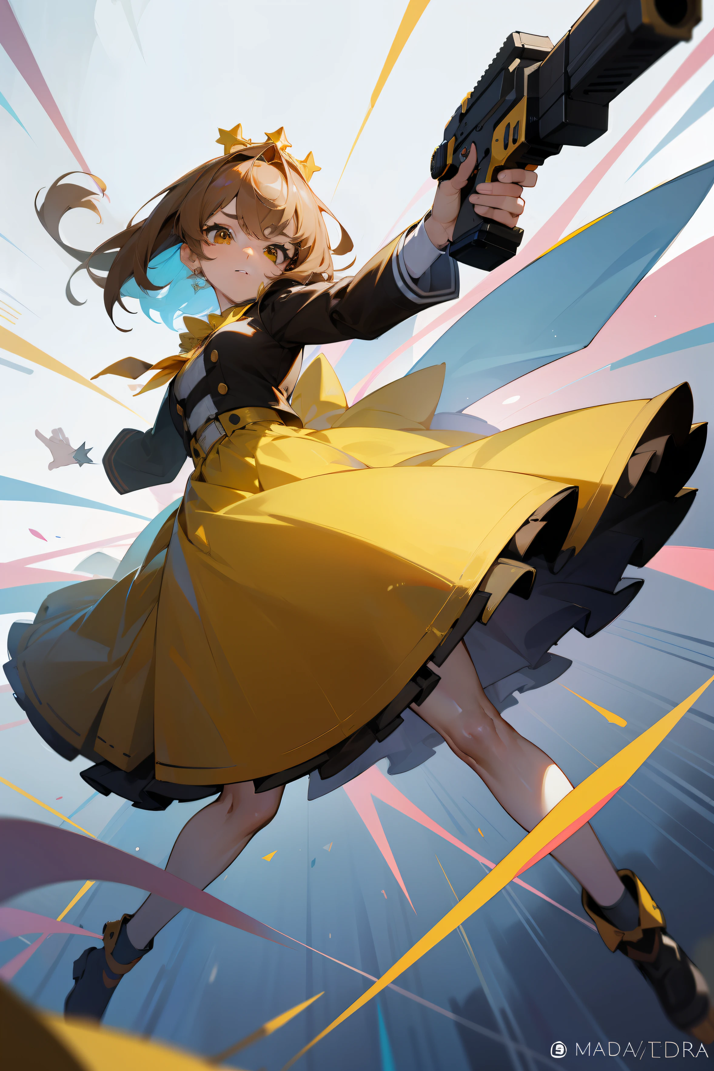 Chica anime, 1chica, chica madira, 18yr old, short brown hair, ojos marrones grandes, ojos hermosos, cara angelical, Cute expression, traje extravagante, traje apretado, traje colorido, dynamic pose, fullbody, cuerpo completo, arma en manos, disparando arma, usando arma, disparando arma futurista, arma futurista, pistola, ametralladora, disparando, buena anatomia, cuerpo perfecto,