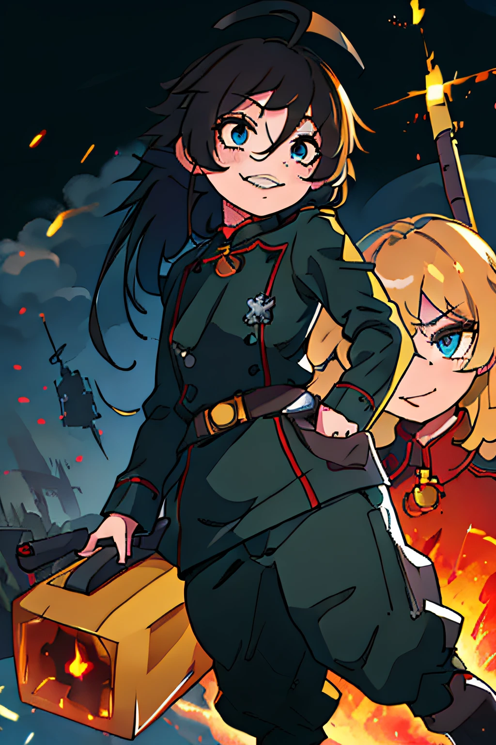(masterpiece, best quality: 1.2), Solo, 1girl, tanya , looking at viewer, different poses, red eyes, long hair, completely black hair, reference to the outfit of a WWII German general World War, black long sleeves (best quality), scar on face, pretty eyes, has only 2 arms, has war medals on his clothes, Black Military Cap, Golden Eagle Medal on Clothing, (Wallpaper), (8K HD), (8K HD), Golden Shoulder Pads, Sprites, 1 Single Design (masterpiece, best quality: 1.2), Solo, 1girl, Yoru \(Chainsaw Man\), looking at viewer, smile, happy, different poses, eyes red, long hair, completely black hair, reference to a German general's clothing from World War II,