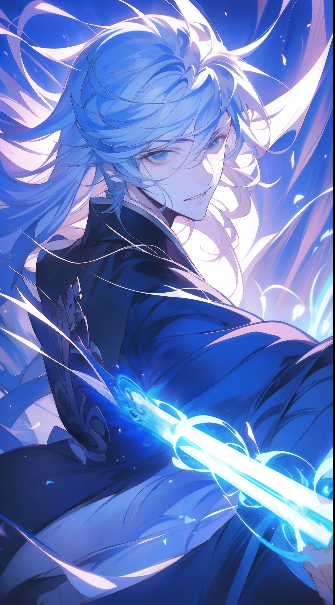 Close-up of a man,with a determined look in his eyes,Handsome figure painting,It has a masculine taste,Man Guwitz,Guviz-style artwork,White-haired god,Yang J,Guvitz at the Pixiv Art Station。Anime characters armed with swords and blue light, Keqing from Genshin Impact, Detailed key anime art, handsome guy in demon killer art, Genshin impact's character, Detailed digital anime art, Genshin, Key anime art, detailed anime character art, Badass anime 8 K, nagito komaeda, Anime epic artwork, Anime fantasy illustration