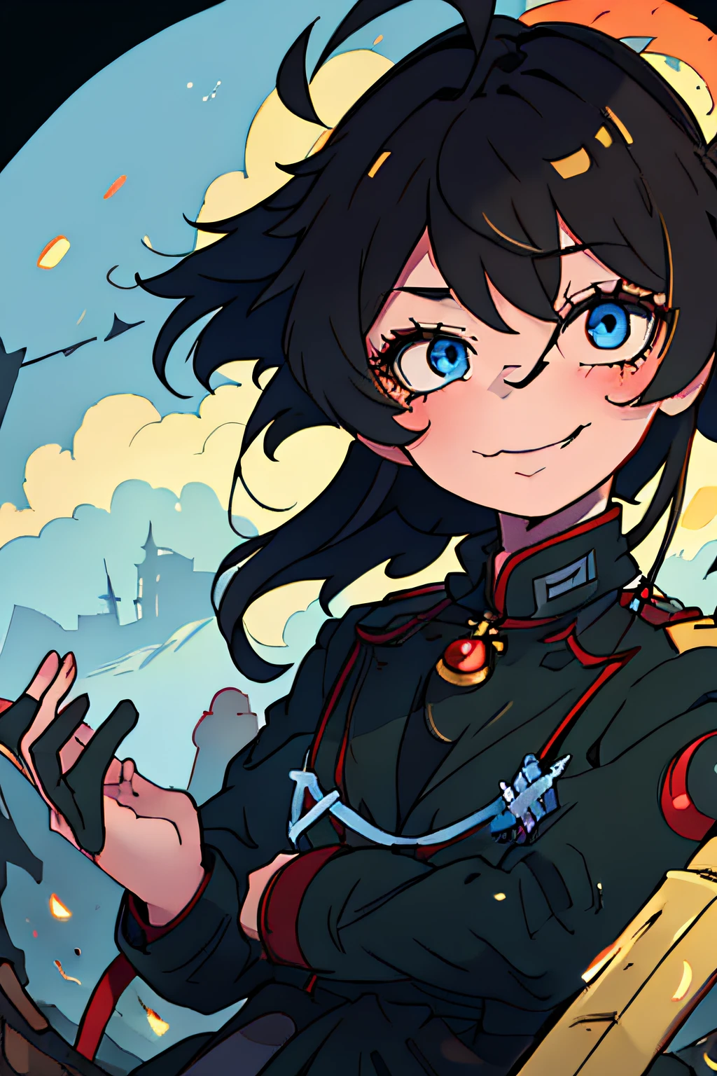 (masterpiece, best quality: 1.2), Solo, 1girl, tanya , looking at viewer, different poses, red eyes, long hair, completely black hair, reference to the outfit of a WWII German general World War, black long sleeves (best quality), scar on face, pretty eyes, has only 2 arms, has war medals on his clothes, Black Military Cap, Golden Eagle Medal on Clothing, (Wallpaper), (8K HD), (8K HD), Golden Shoulder Pads, Sprites, 1 Single Design (masterpiece, best quality: 1.2), Solo, 1girl, Yoru \(Chainsaw Man\), looking at viewer, smile, happy, different poses, eyes red, long hair, completely black hair, reference to a German general's clothing from World War II,