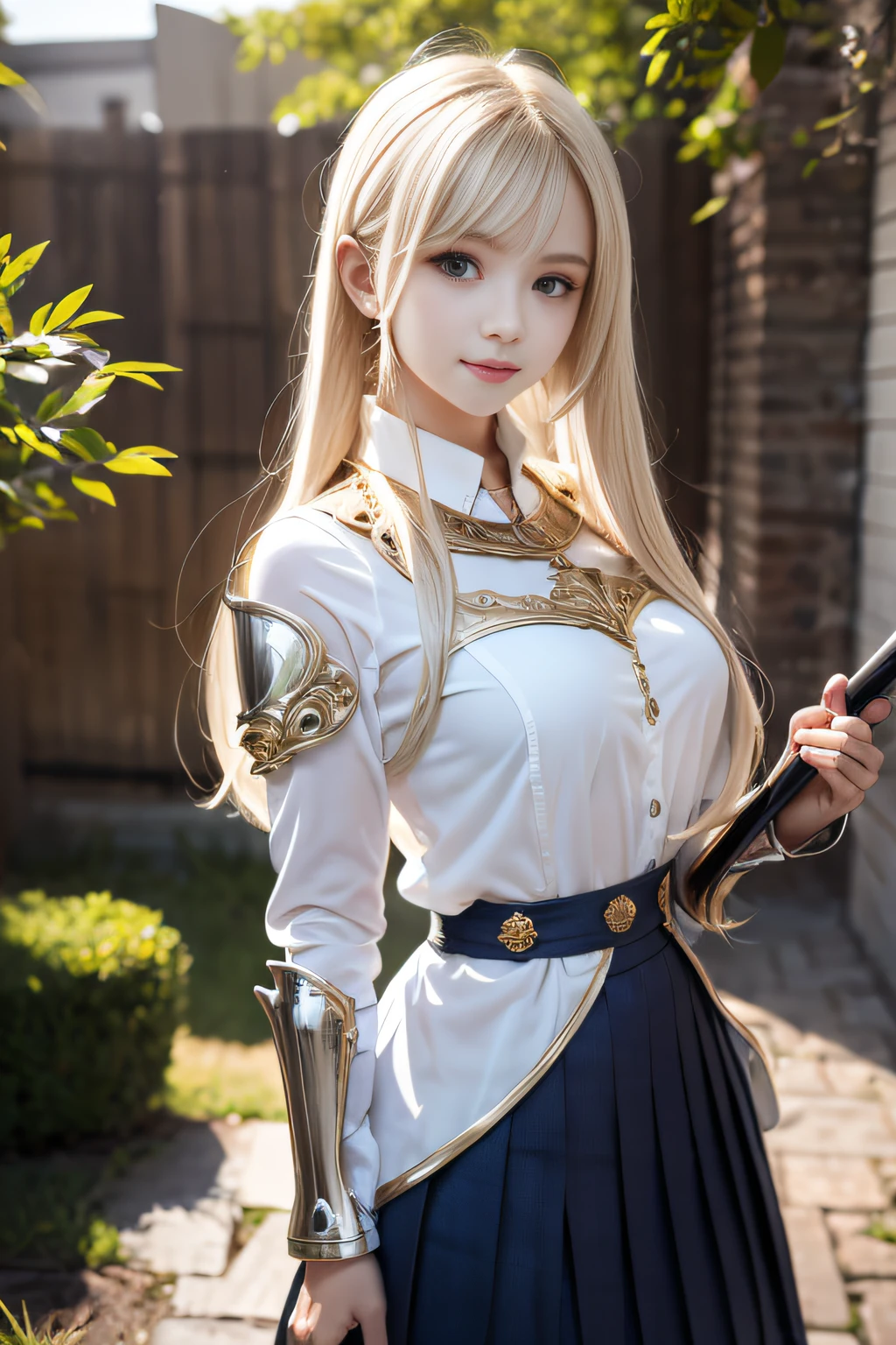 bright expression、poneyTail、Young shiny shiny white shiny skin、Best Looks、Blonde reflected light、Platinum blonde hair with dazzling highlights、shiny light hair,、Super long silky straight hair、Beautiful bangs that shine、Glowing crystal clear attractive big blue eyes、Very beautiful nice cute 16 year old girl、Lush bust,Beautiful detailed eyes, beautiful detailed nose,(( Full body:1.25)),Makeup that the eyes emphasize、((Pleated skirt with many folds)),(Women like Joan of Arc)、s Armor、Knights, With a sword and shield,Royal style,Comic style, , Sub-surface scattering, ornate detail, nature backdrop, Hyper-realistic, Cinematic, Dramatic Lighting, masutepiece