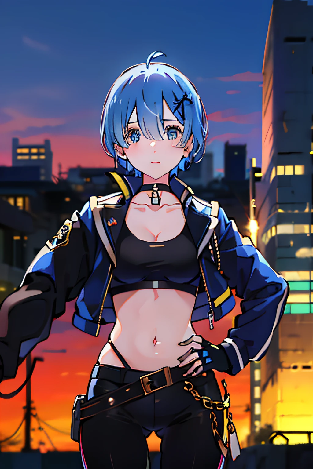 1girl, Rem , short fur, antenna hair, blue eyes, recognized scar, big breasts, black choker, collarbone, blue jacket, cropped jacket, open jacket, sports bra, diaphragm, fingerless gloves, black gloves, black pants , Fighting pose, City background, Sunset