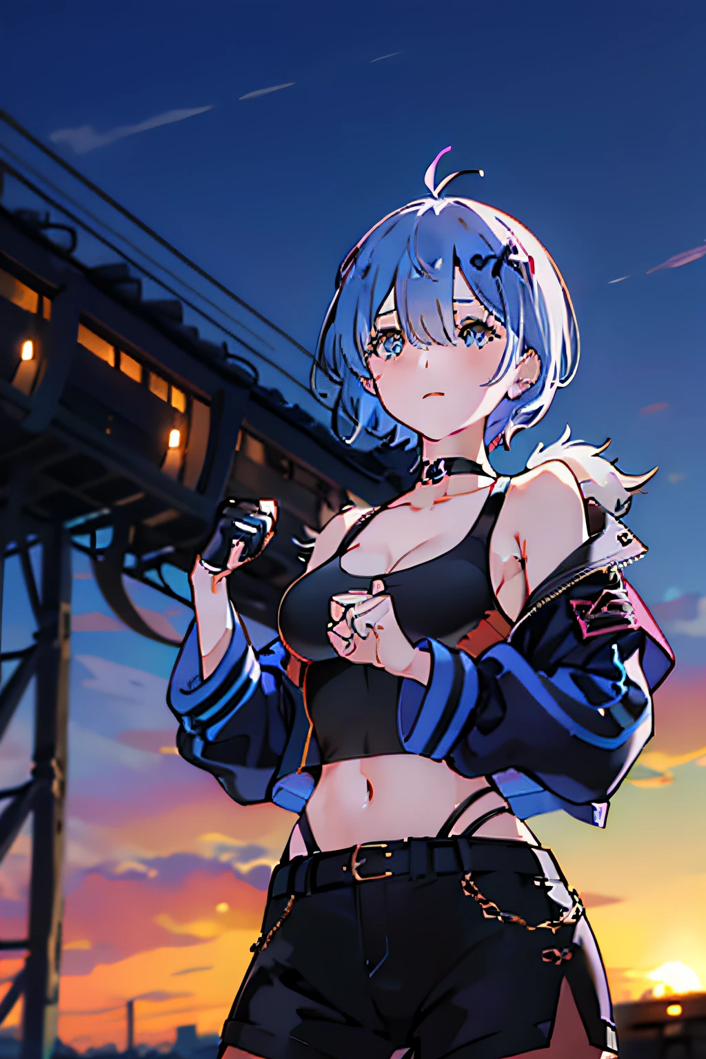 1girl, Rem , short fur, antenna hair, blue eyes, recognized scar, big breasts, black choker, collarbone, blue jacket, cropped jacket, open jacket, sports bra, diaphragm, fingerless gloves, black gloves, black pants , Fighting pose, City background, Sunset