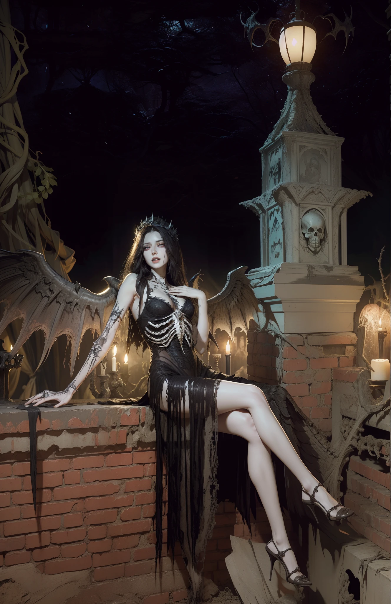 Fine matte painting, skeleton dark angel big wings haunted castle on drawing table full of knives, horror, spookiness, scary, secret horror, tentacles, vines, eyes, uncanny valley effect teeth, limbs, animals, blood moon,hight contrast