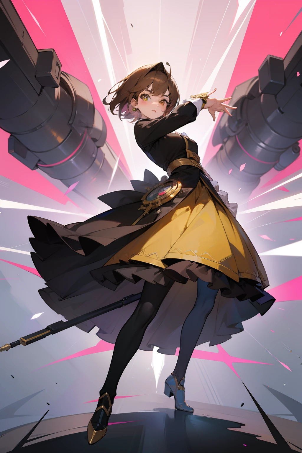Chica anime, 1chica, chica madira, 18yr old, short brown hair, ojos marrones grandes, ojos hermosos, cara angelical, Cute expression, traje extravagante, traje colorido, dynamic pose, fullbody, cuerpo completo, arma en manos, disparando arma, usando arma, disparando arma futurista, arma futurista, pistola, ametralladora, disparando, buena anatomia, cuerpo perfecto,