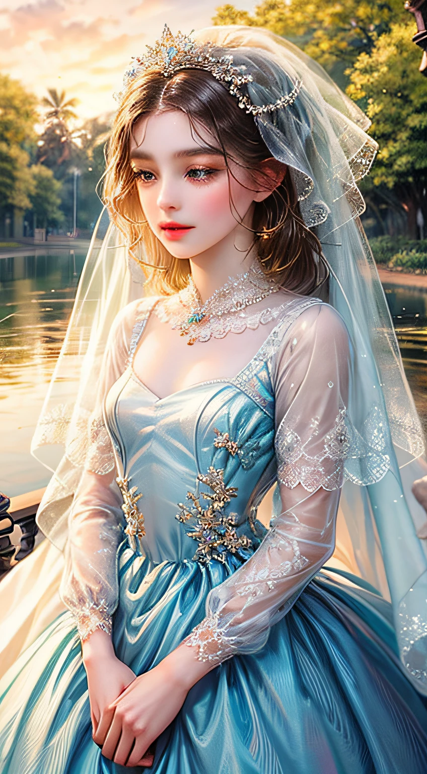a girl,pequeno,realista,vestidos brancos, a parte superior do corpo, Realista,flowering trees,cabelos flutuantes, Rosto detalhado